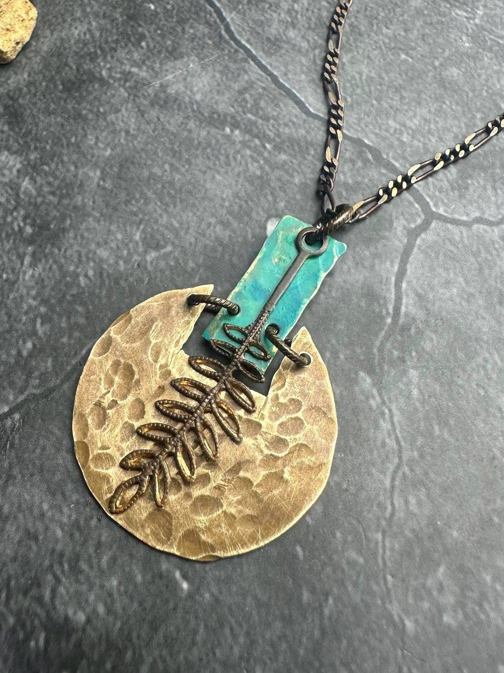 Geometric Fern Necklace - Hand shaped & Hammered Solid Brass