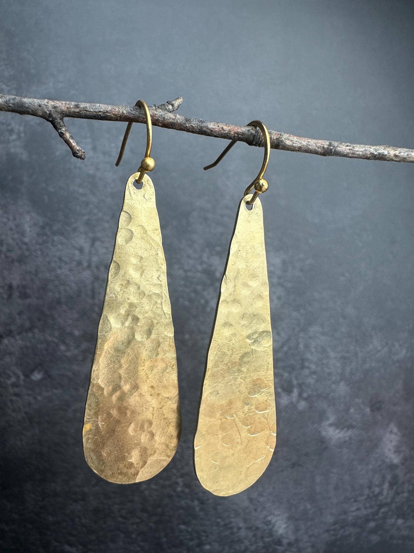 Long Hammered Brass Teardrop Earrings