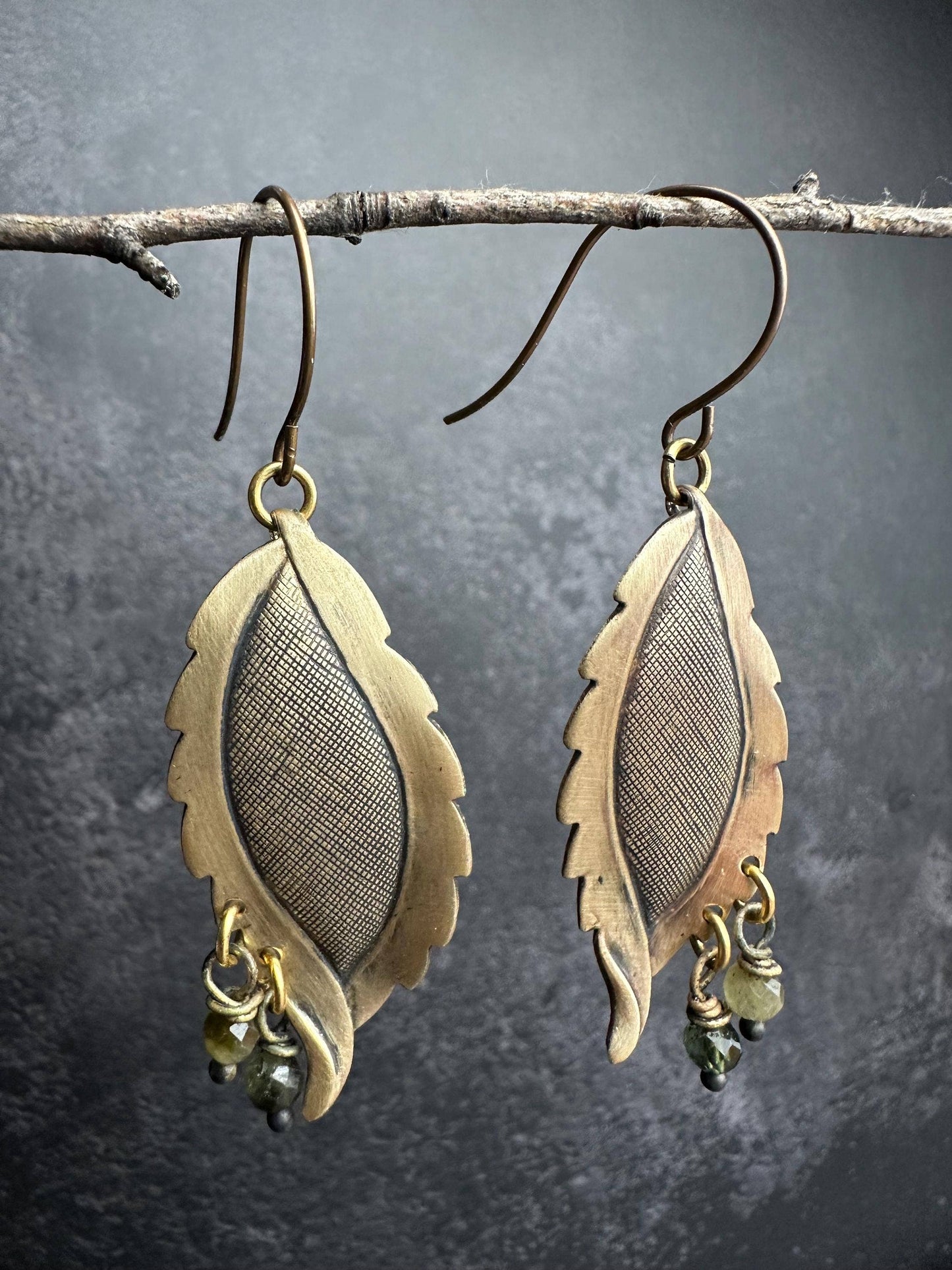 Leafy Green Pebble Earrings - Solid Brass Faceted Tourmaline