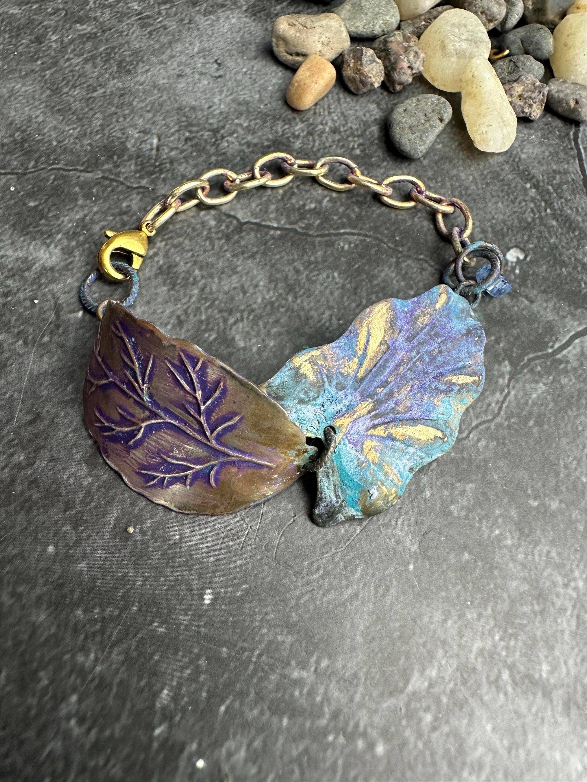 Pressed Leaf Bracelet - Solid Brass with Purple Patina