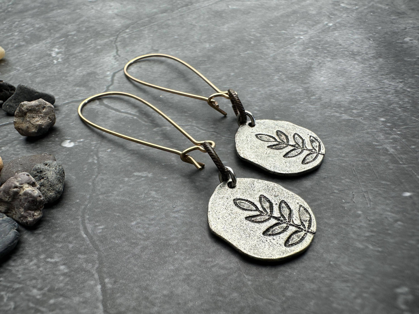 Imprinted Leaf Hammered Silver Organic Shape Earrings
