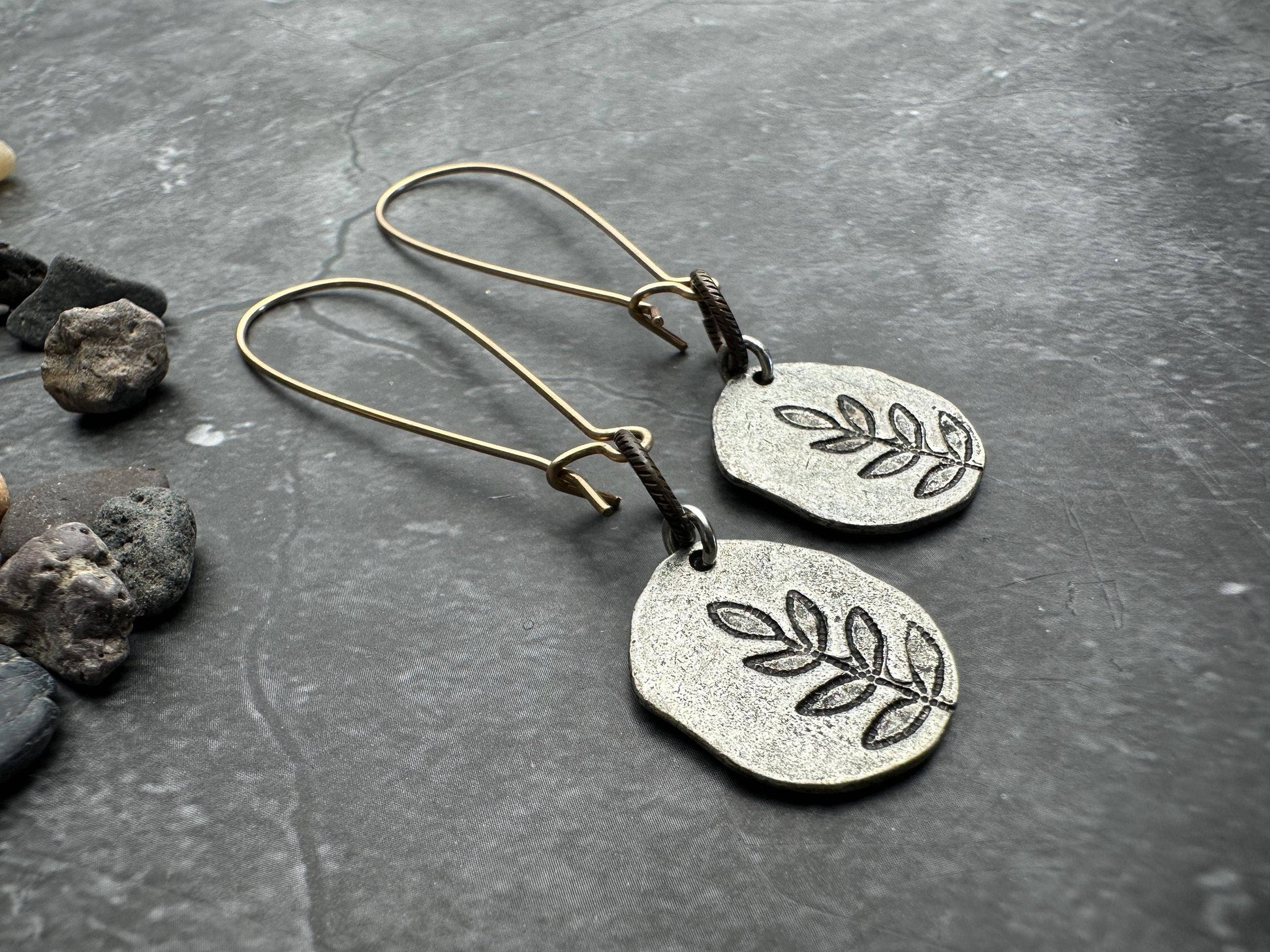 Imprinted Leaf Hammered Silver Organic Shape Earrings