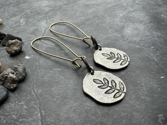 Imprinted Leaf Hammered Silver Organic Shape Earrings