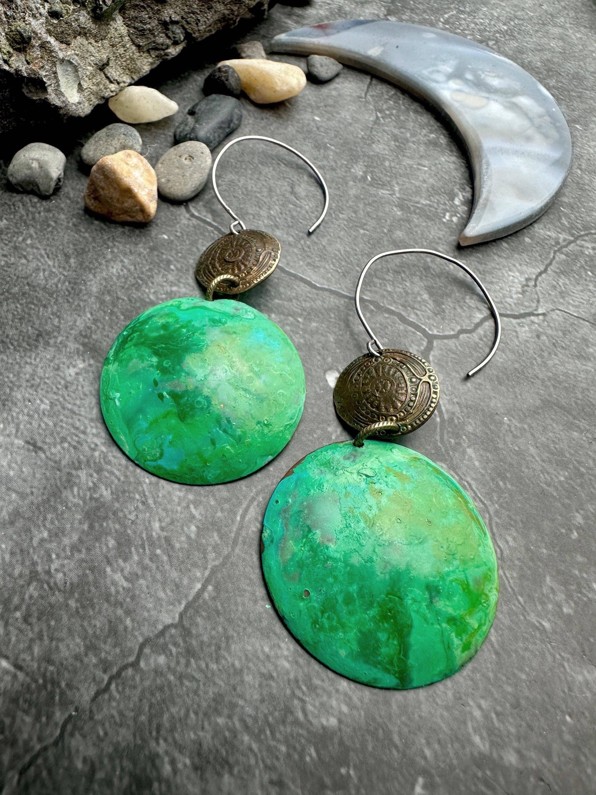 Handcrafted Hammered Green Enamel Dapped Circle Earrings