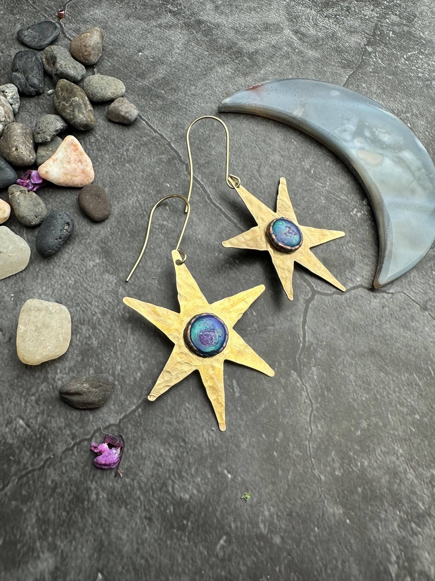 Celestial Star Earrings, Hammered Brass Dangle, Modern Cosmi