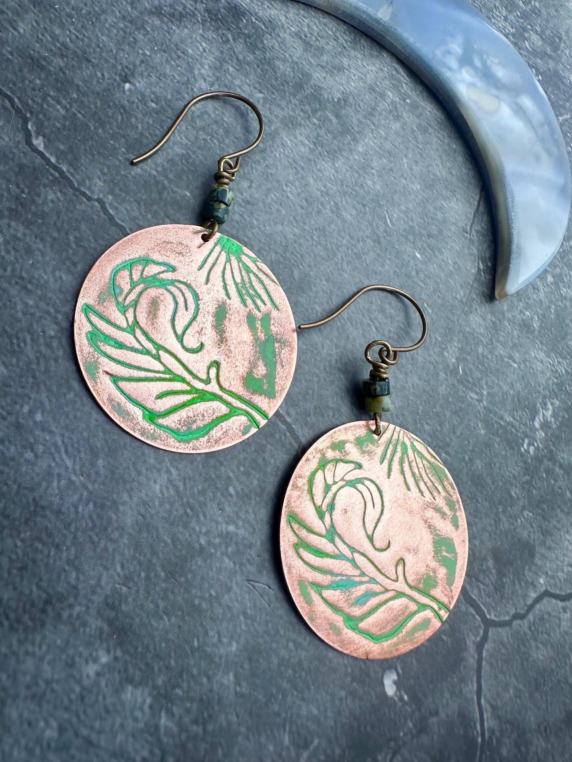 Copper Circle Feather Earrings with African Turquoise