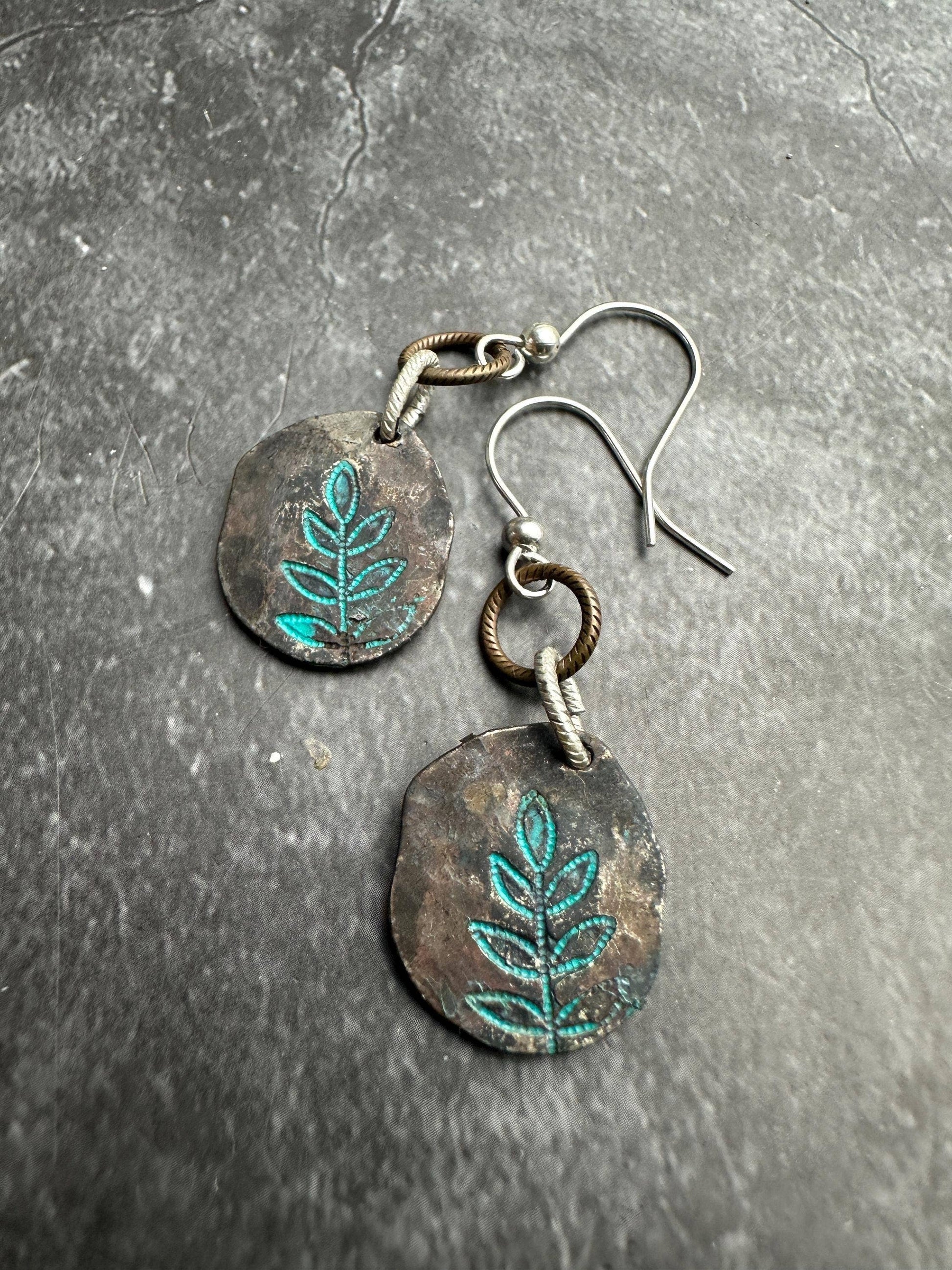Imprinted Leaf Hammered Silver OX Patina Organic Shape Ea...