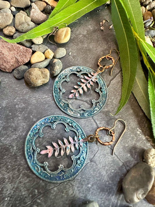 Forest Fern Earrings- Iridescent Patina Brass & Pewter