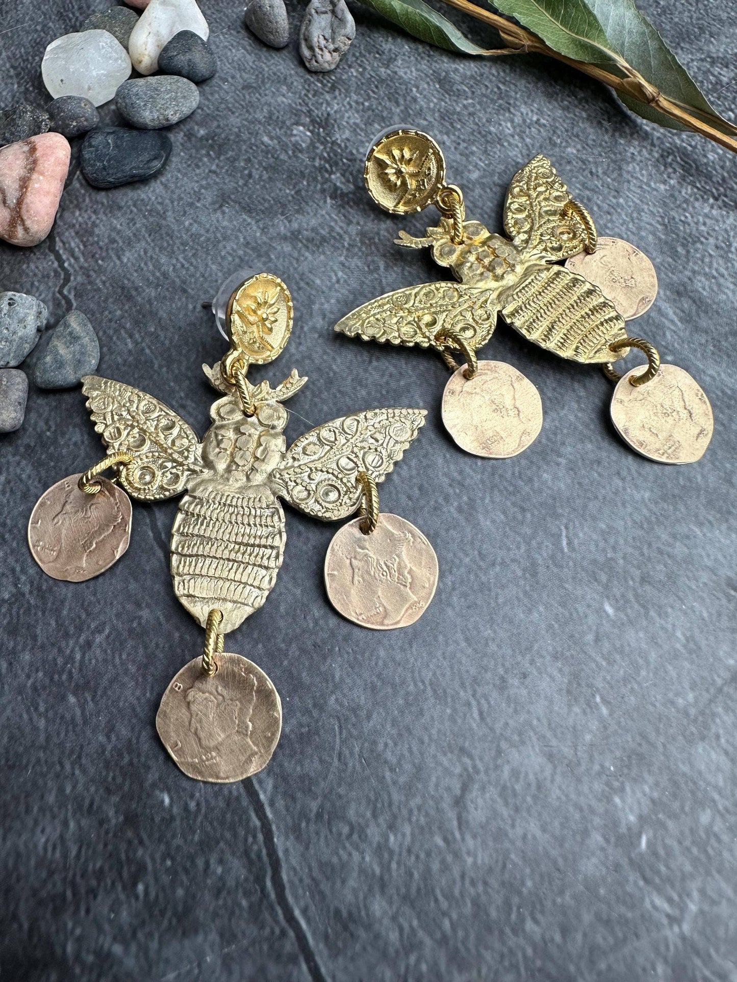 Bee Chandelier Earrings - Minoan Inspired Brass Post Dangle