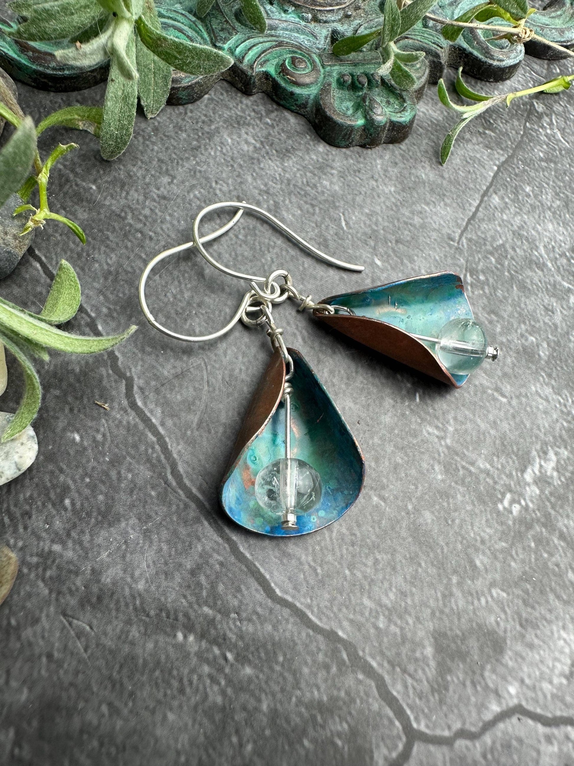 Patina Copper Lily Earrings - Crystal Quartz Bead Dangles