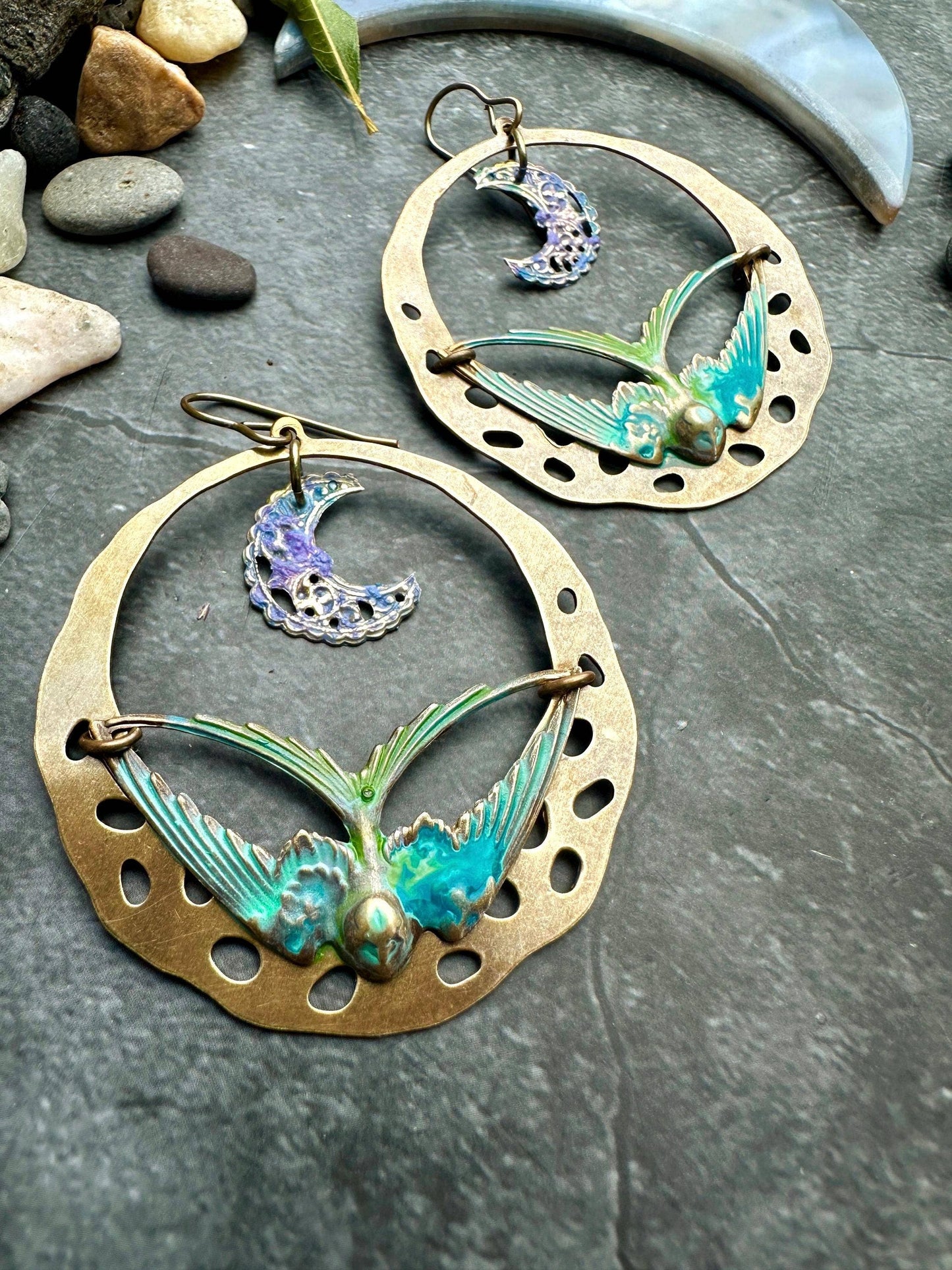 Moonlit Sparrow Hoop Earrings- Hand Painted Enamel