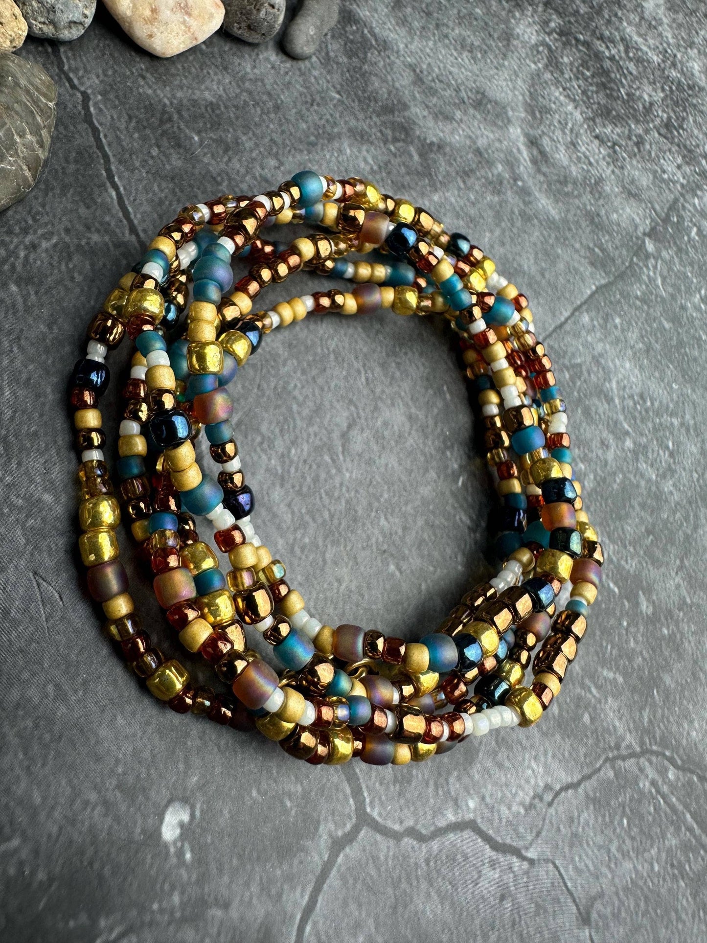 Seed Bead Wrap Bracelet - Blue Gold Layering Bracelet