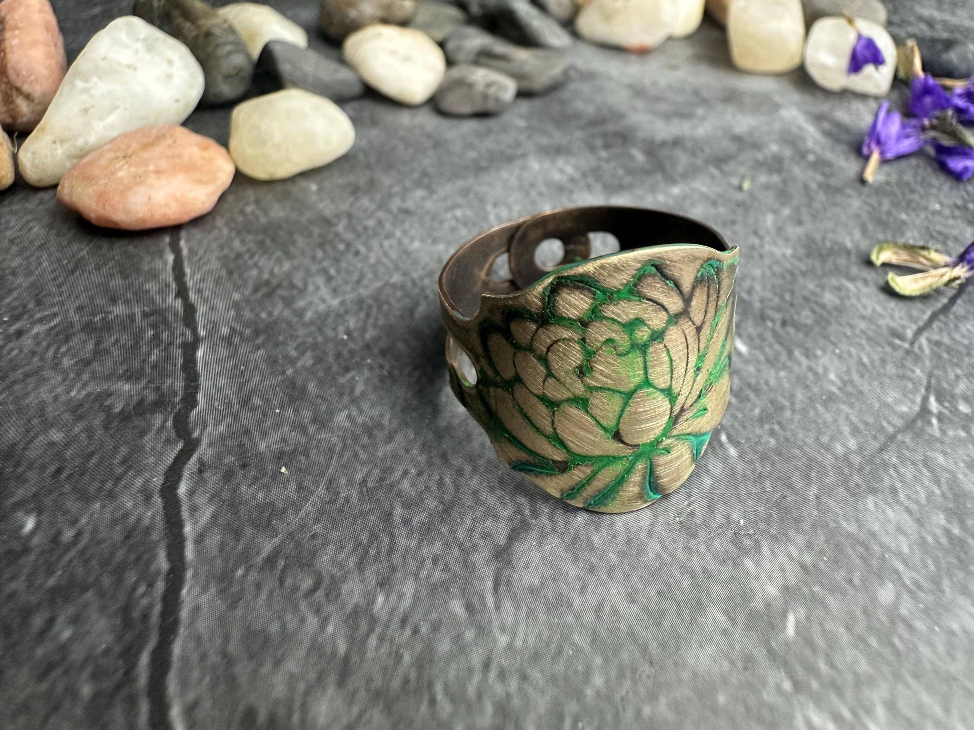 Lotus Flower Etched Ring - Adjustable Brass Cuff Ring