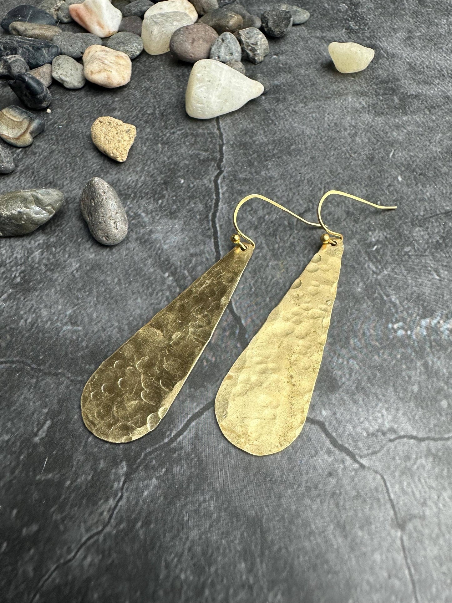 Long Hammered Brass Teardrop Earrings