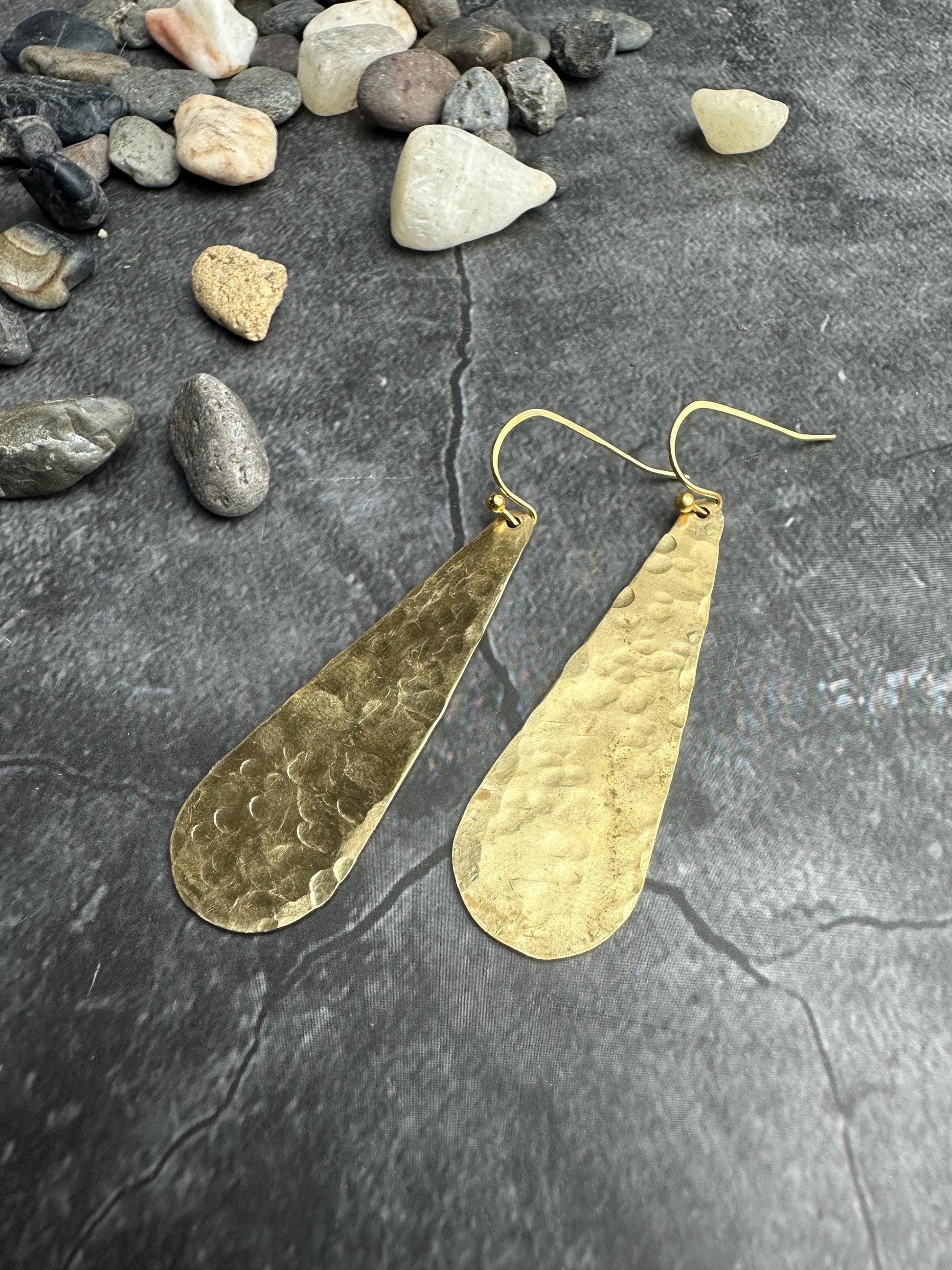 Long Hammered Brass Teardrop Earrings