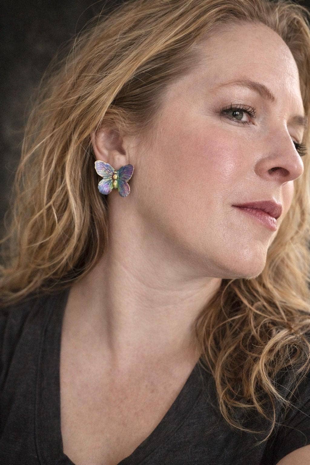 Iridescent Brass Large Butterfly Post Earrings, Color Shift