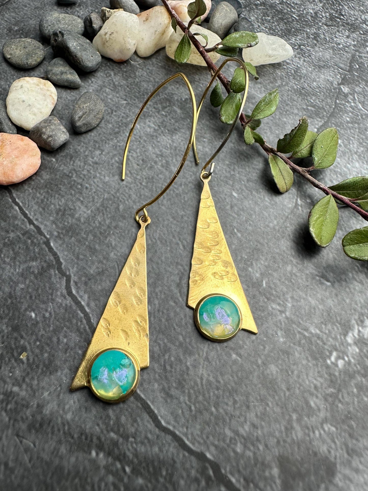 Brass Triangle Earrings with Hand Colored Resin