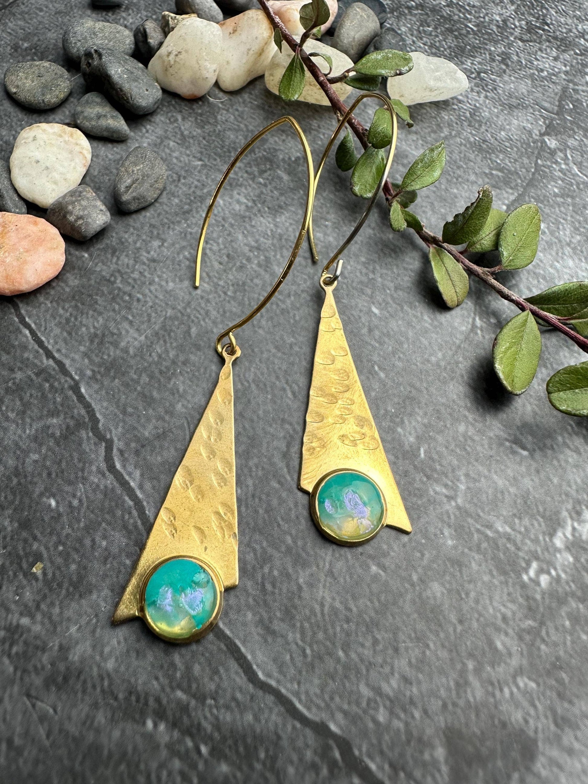 Brass Triangle Earrings with Hand Colored Resin