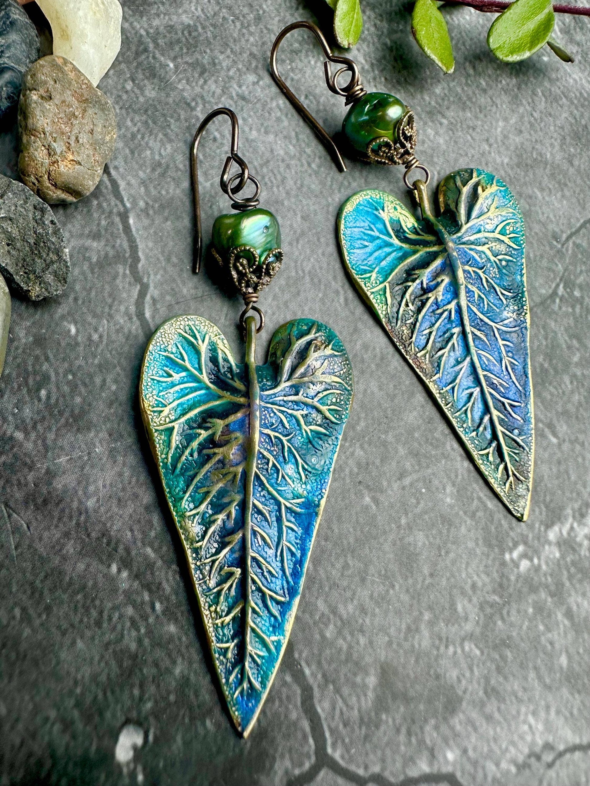 Patina Leaf Earrings with Freshwater Pearl