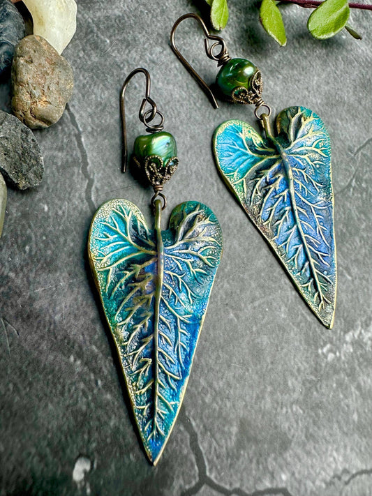 Patina Leaf Earrings with Freshwater Pearl