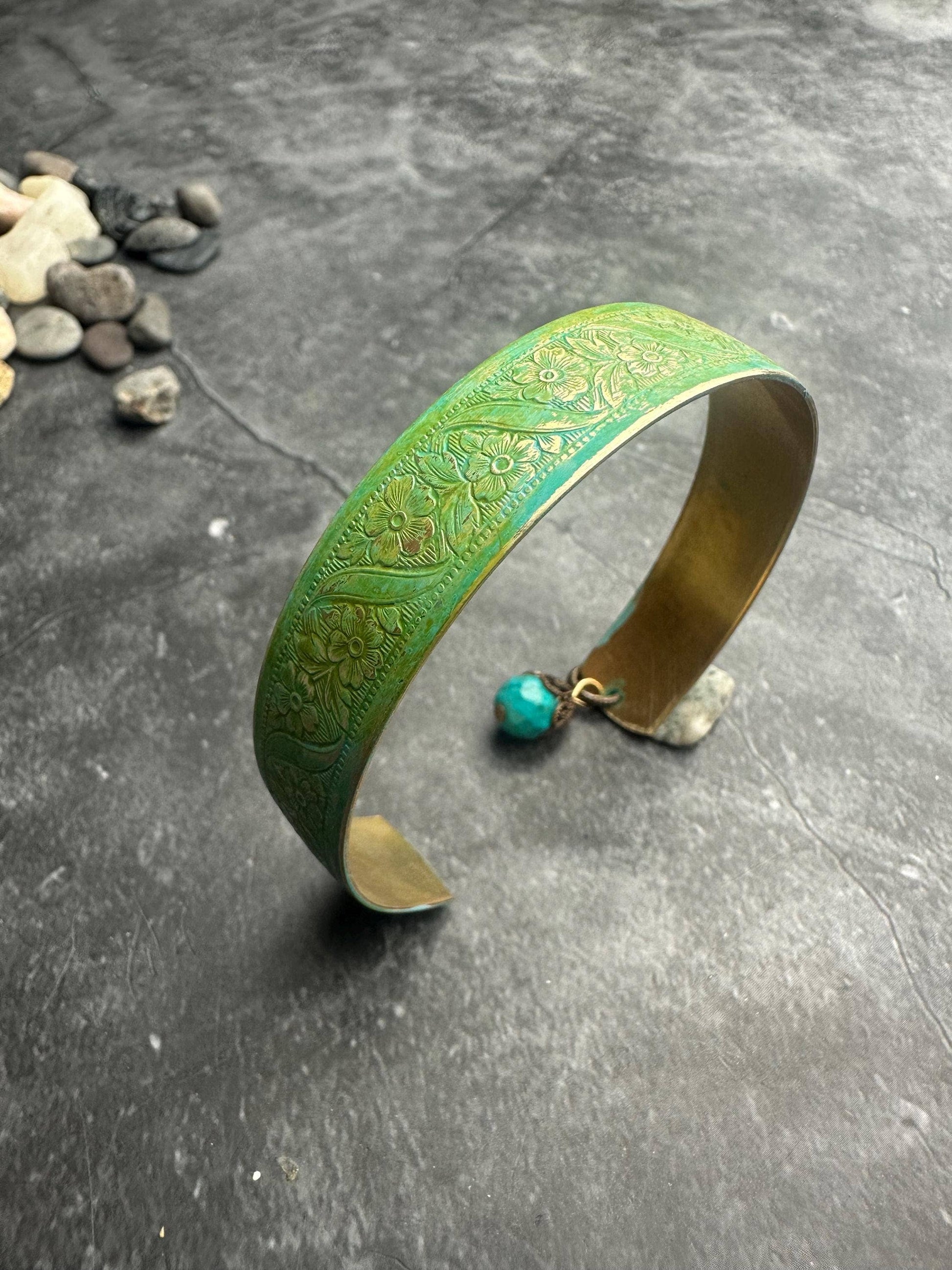 Floral Brass Cuff Bracelet with Blue Green Hand Patina