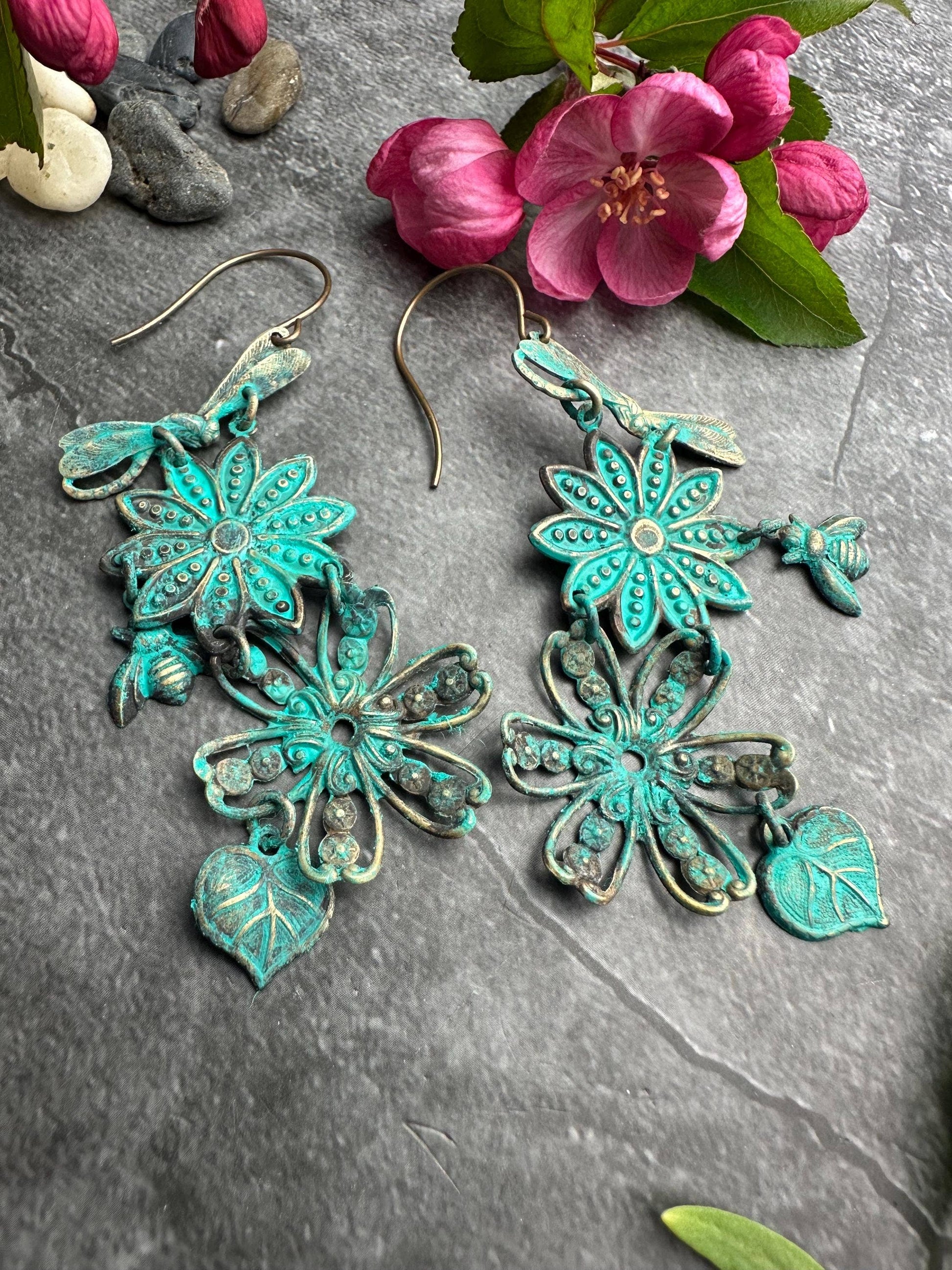 Patina Floral Insect Earrings