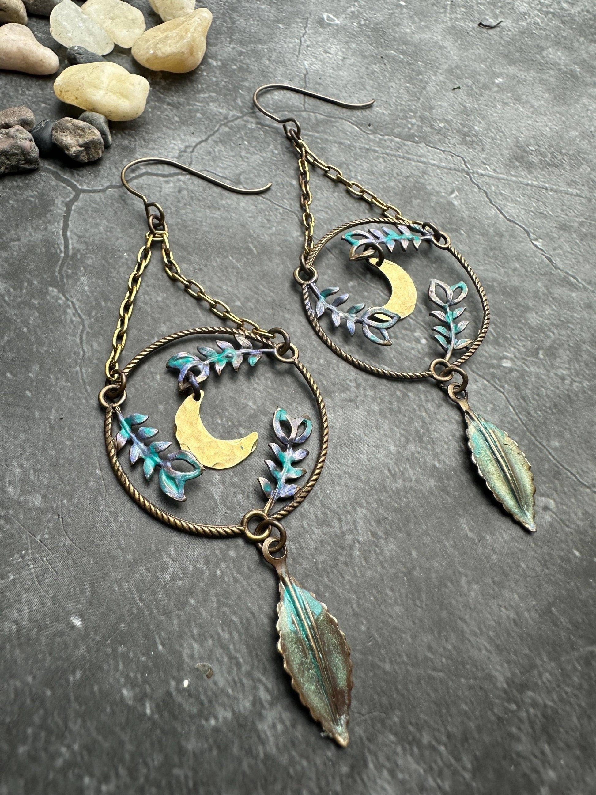 Fern Forest Moon Earrings - Iridescent Patina Brass