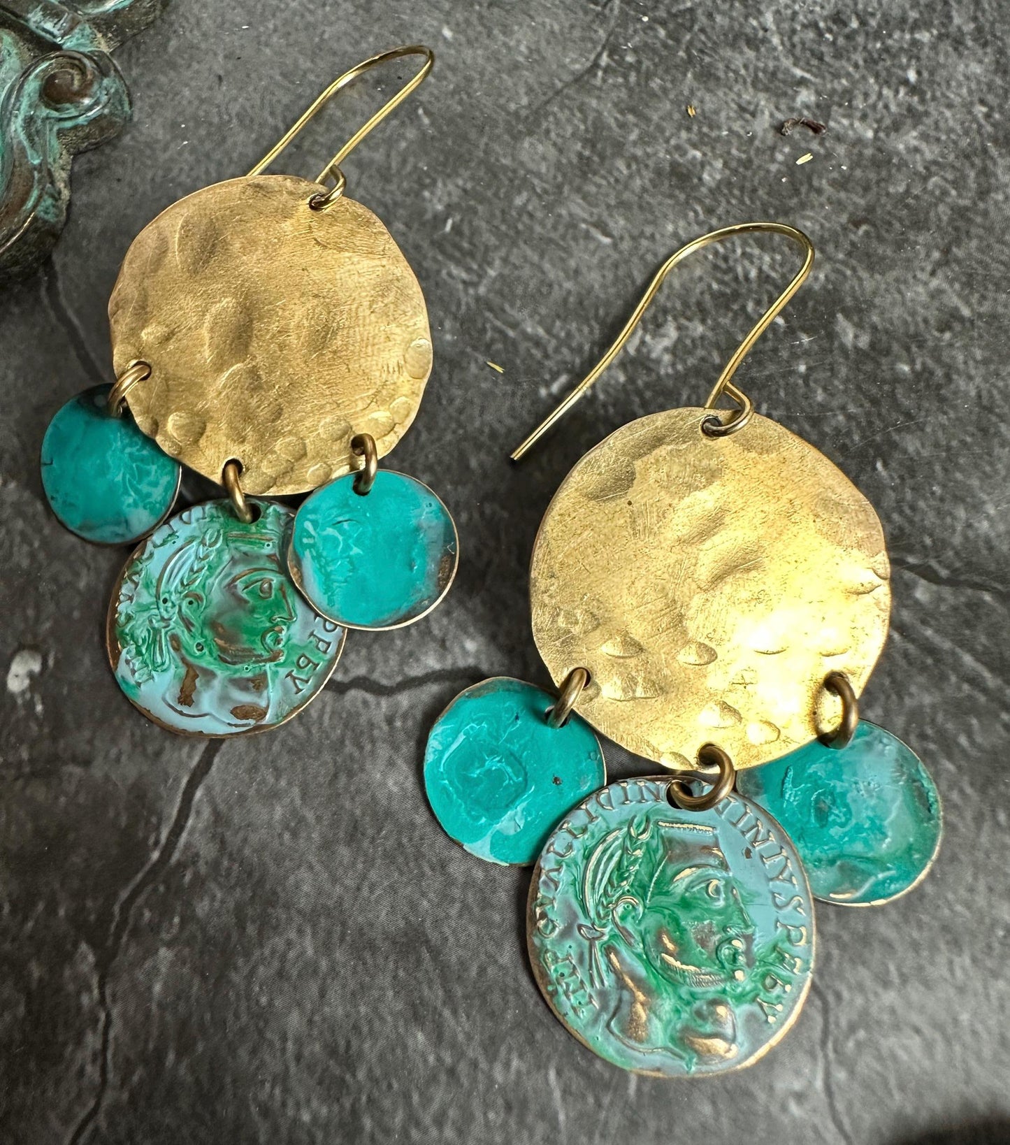 Hammered Coin Earrings- Handmade Solid Beaten Brass Green Blue Patina