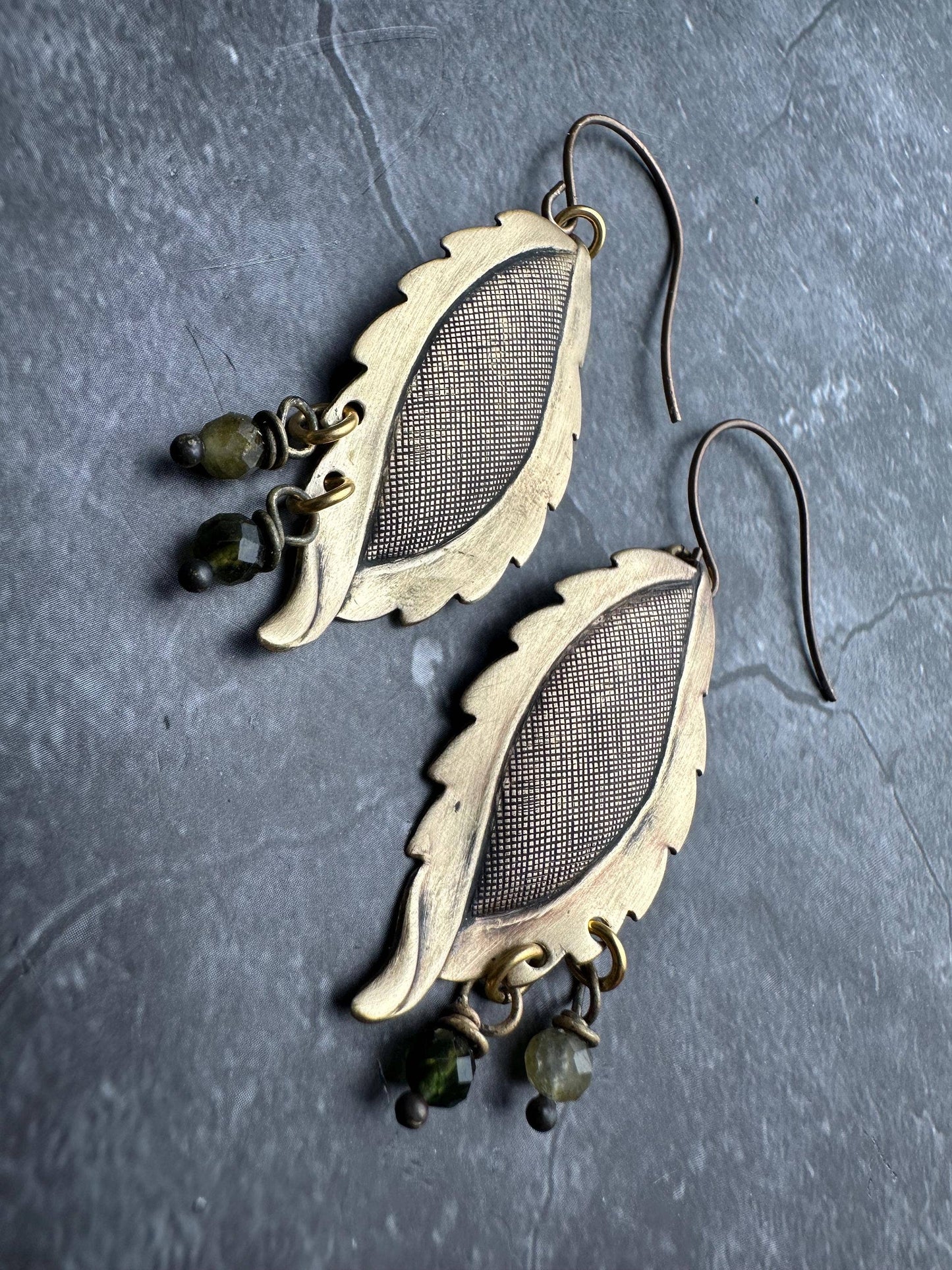 Leafy Green Pebble Earrings - Solid Brass Faceted Tourmaline