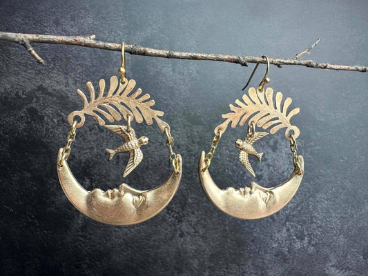 Luna Messenger Earrings - Crescent Moon Face with Bird