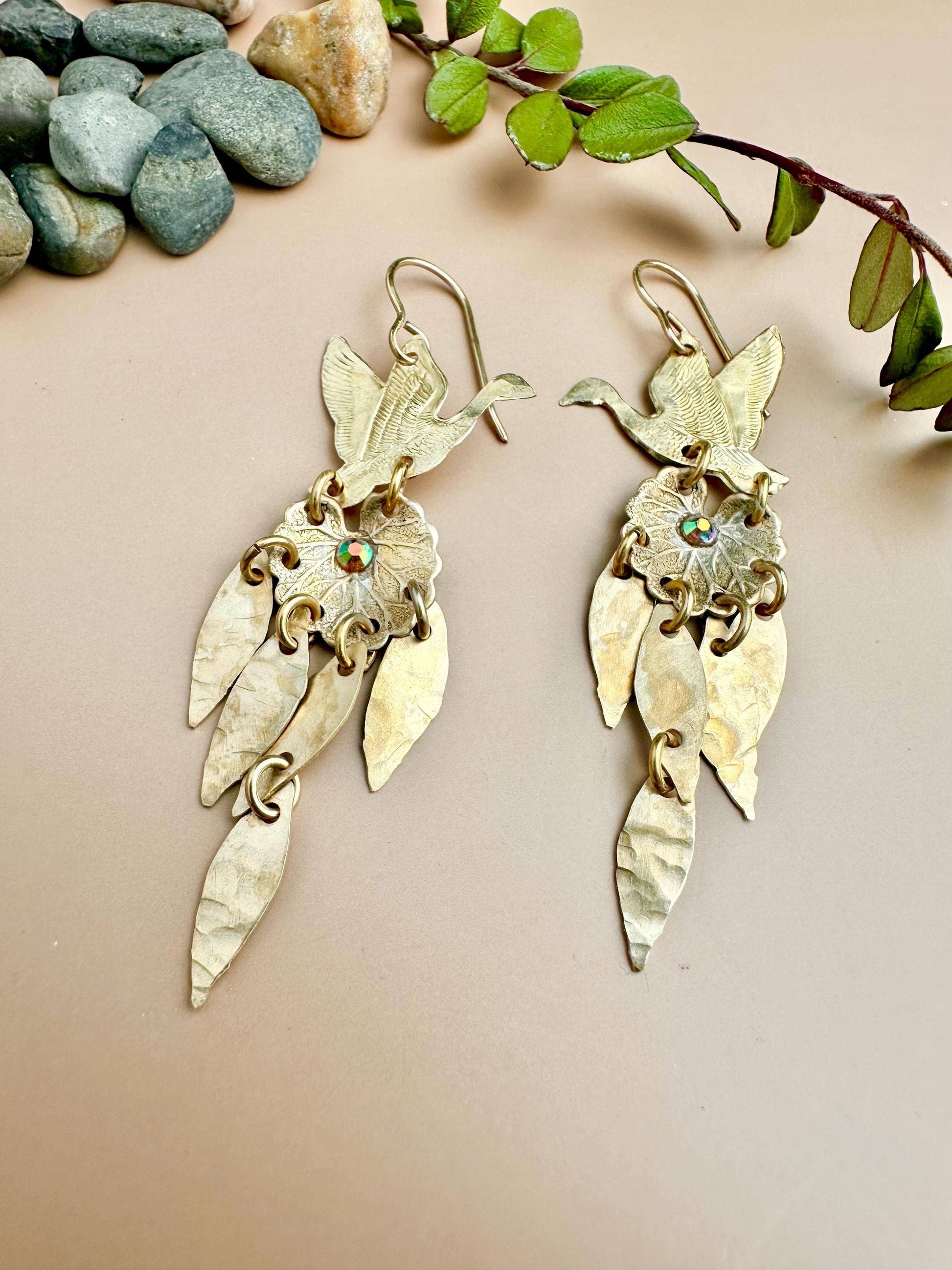 Willow Pond Bird Earrings - Leaf Dangle Brass