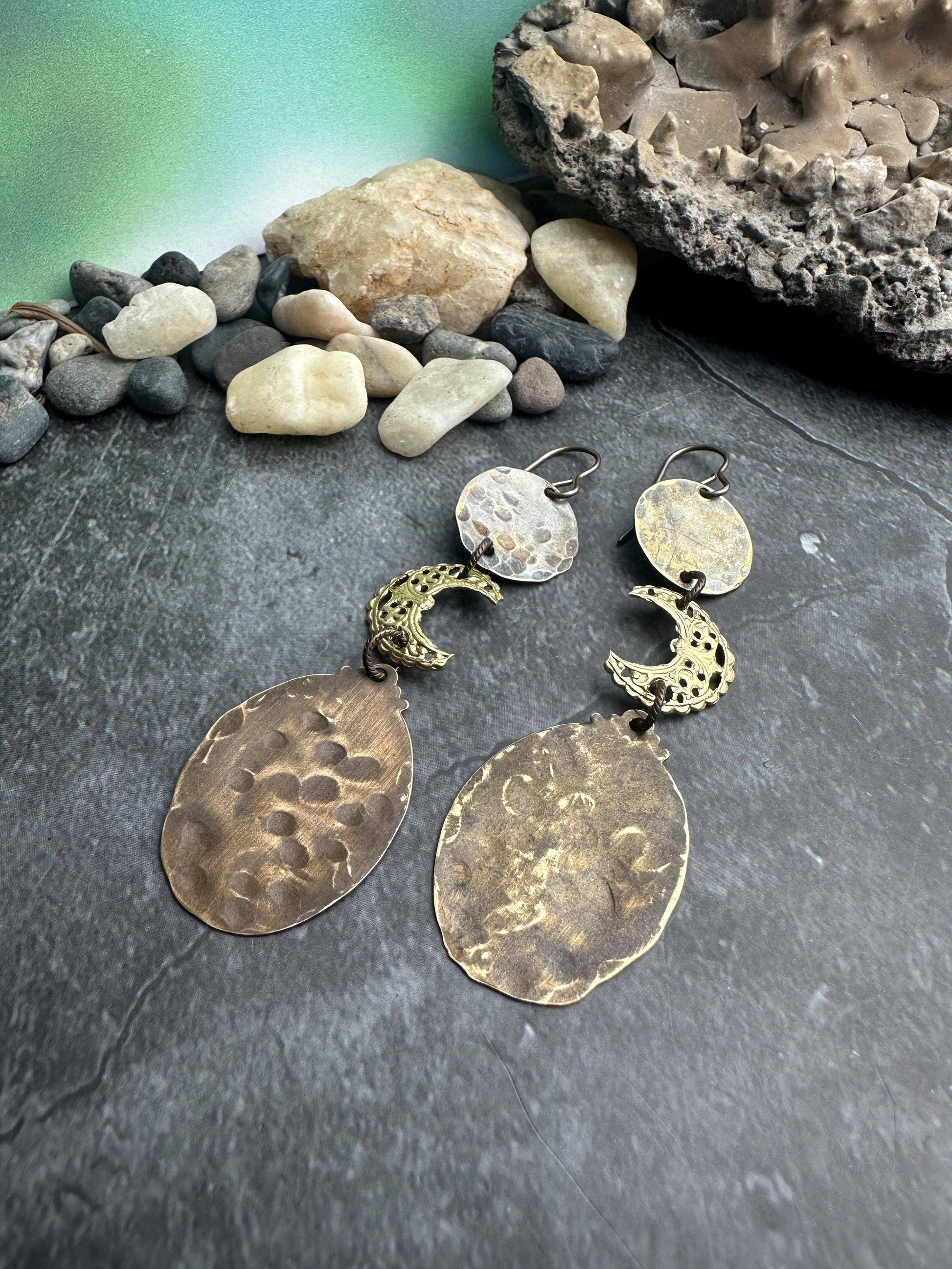 Handcrafted Brass Crescent Moon Drop Filigree Earrings