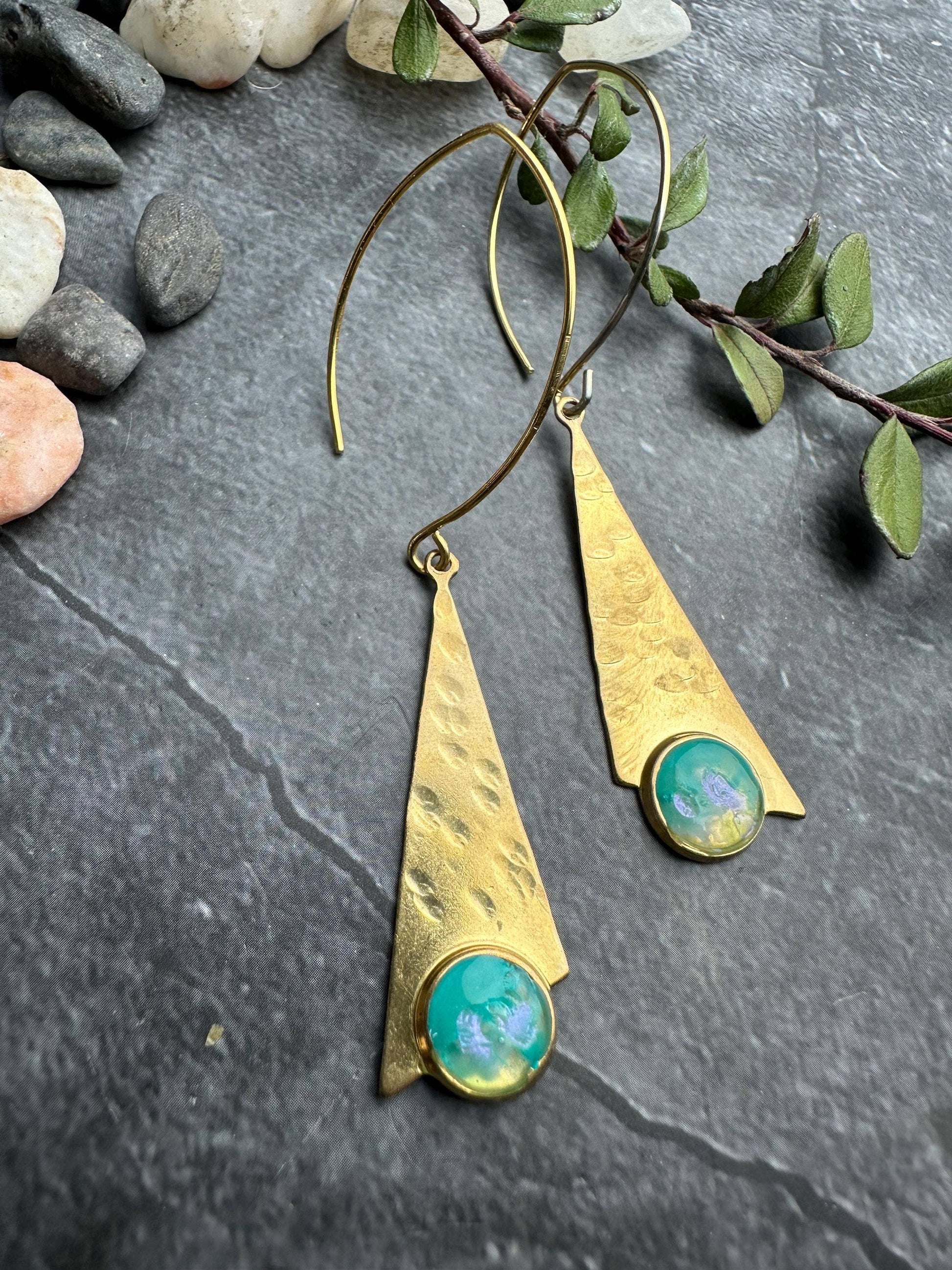 Brass Triangle Earrings with Hand Colored Resin