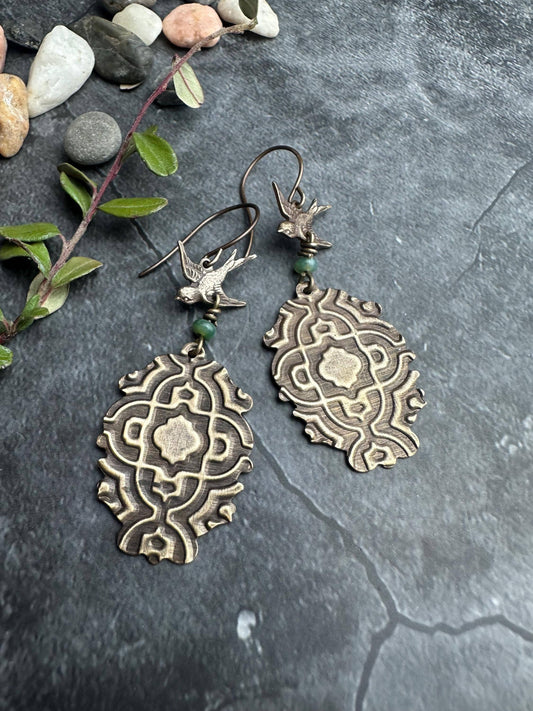 Bird Earrings with Moss Agate