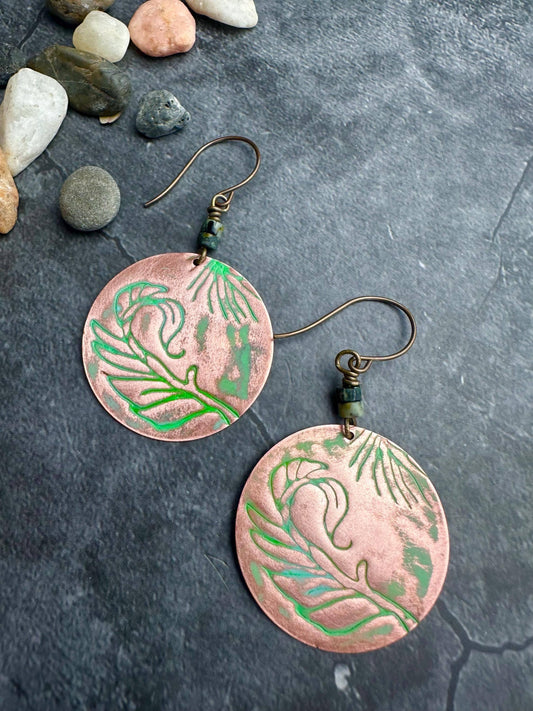Copper Circle Feather Earrings with African Turquoise