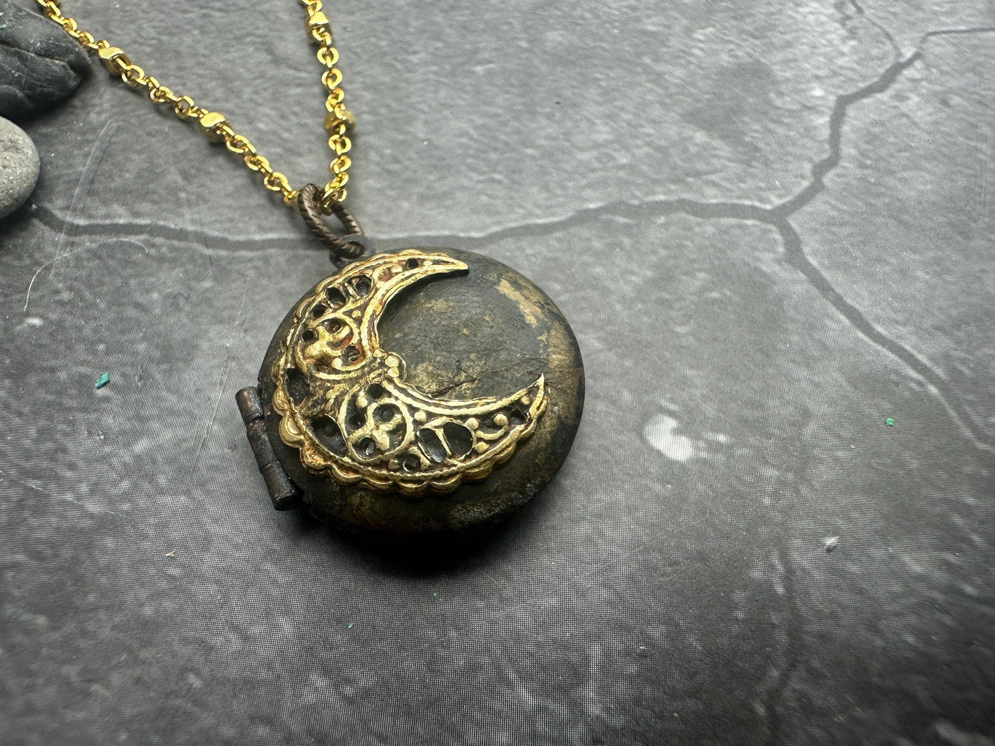 Vintage Brass Crescent Moon Locket Necklace