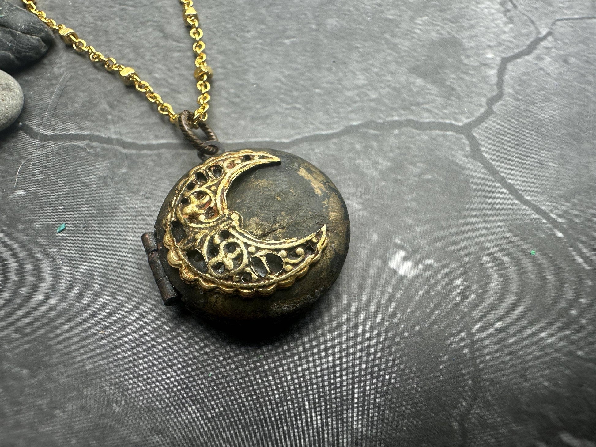 Vintage Brass Crescent Moon Locket Necklace