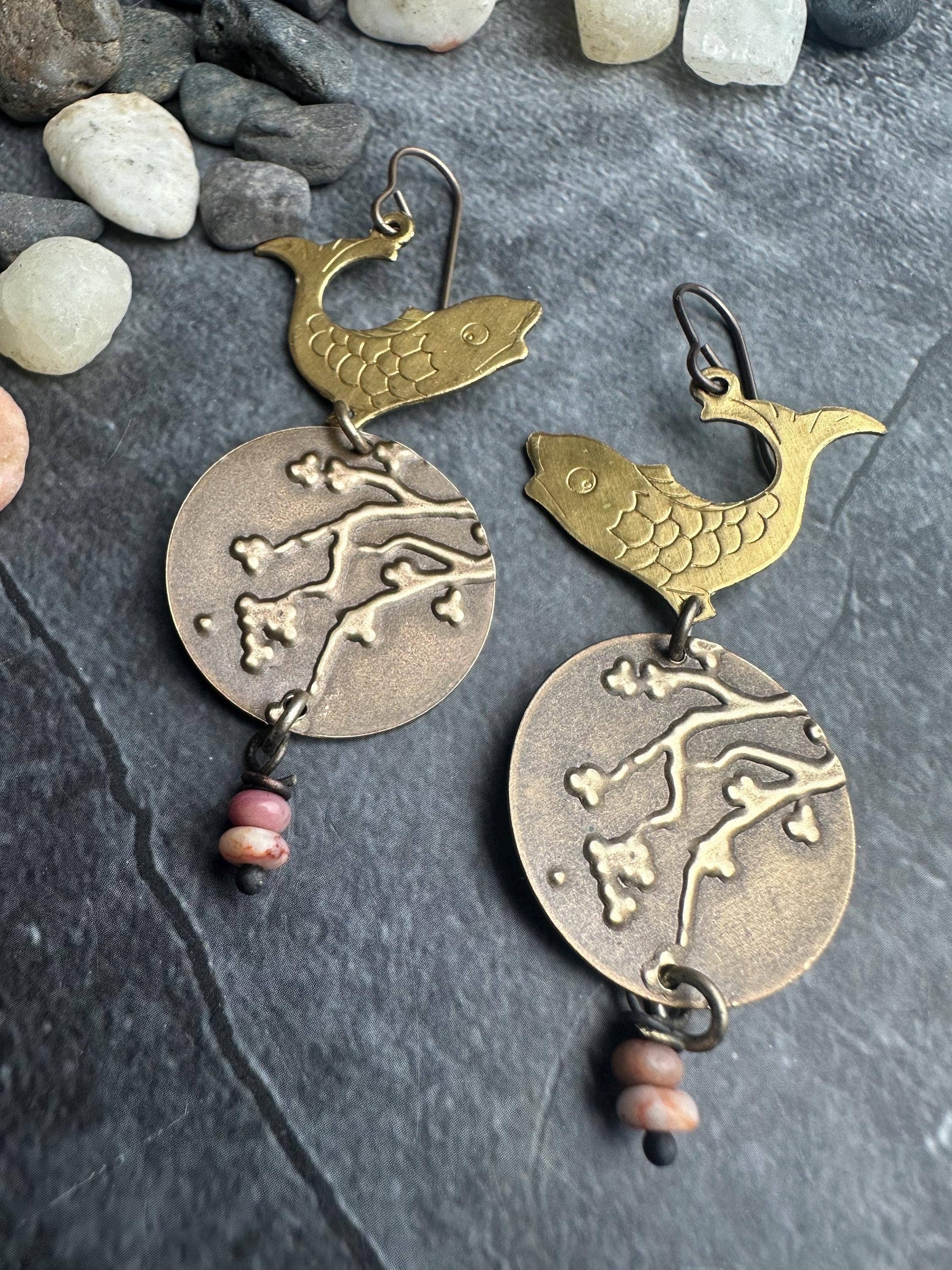 Koi Fish Cherry Blossom Earrings with Strawberry Quartz