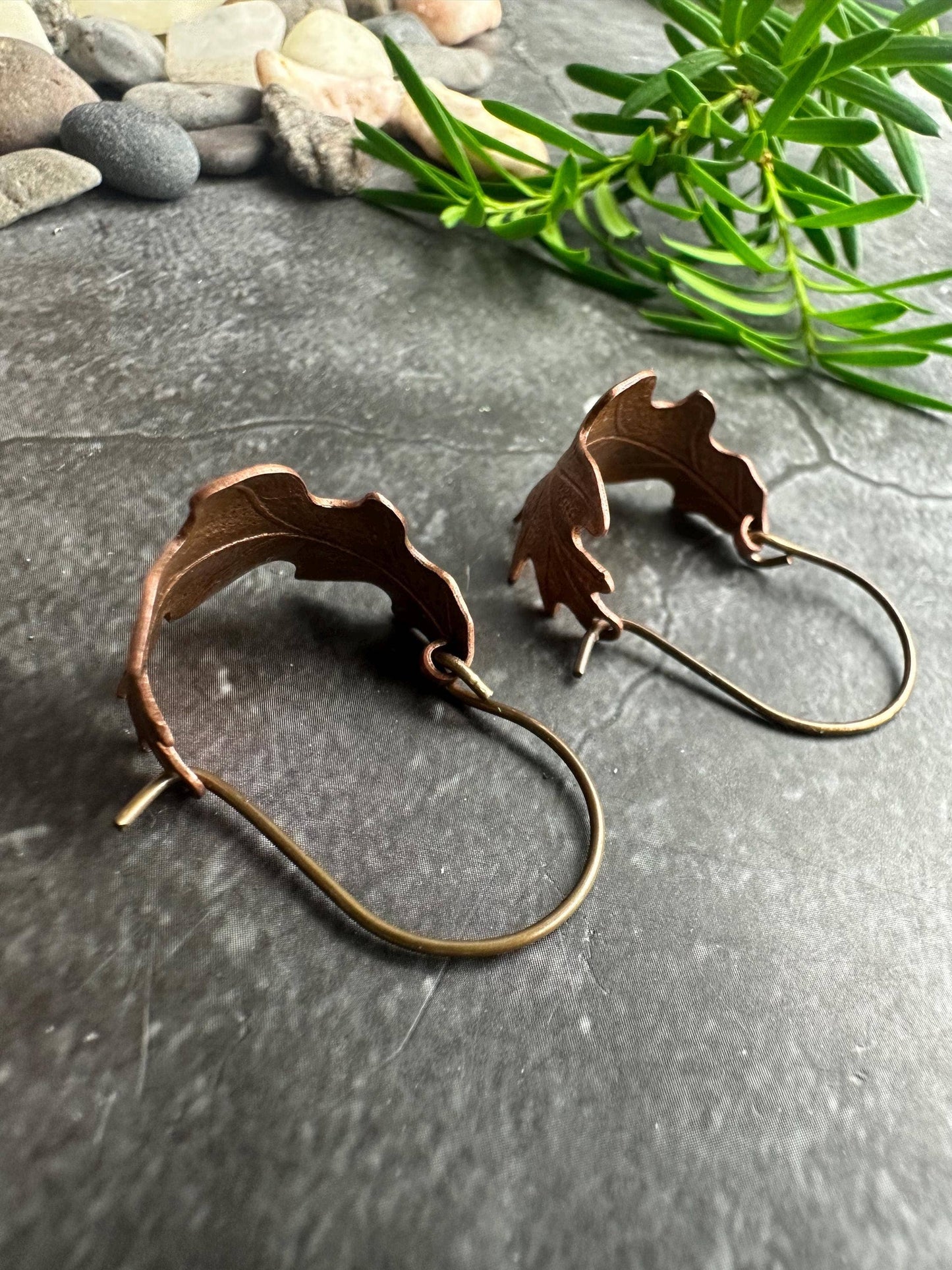 Oak Leaf Mini Hoop Earrings - Hand formed Copper