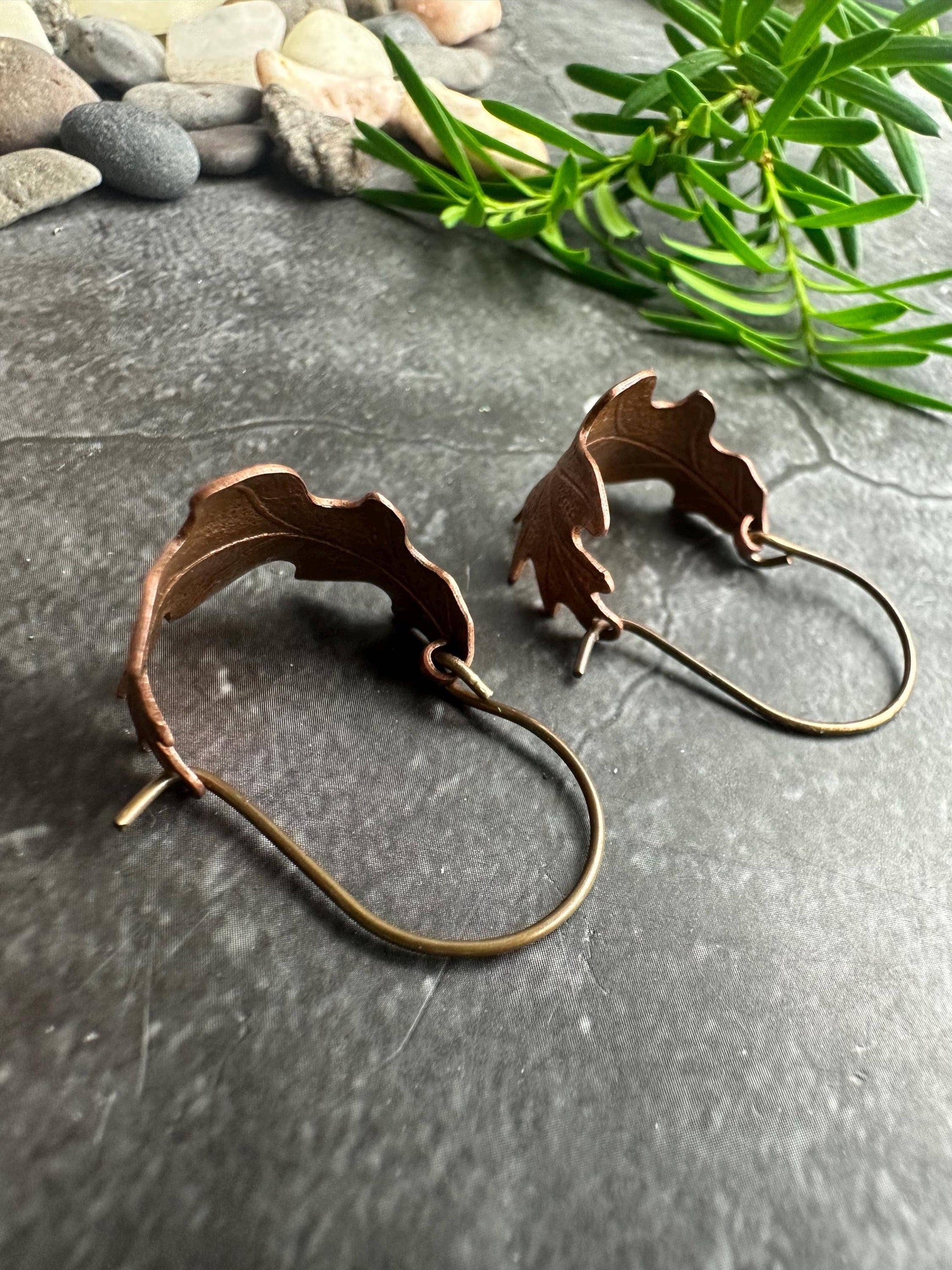 Oak Leaf Mini Hoop Earrings - Hand formed Copper