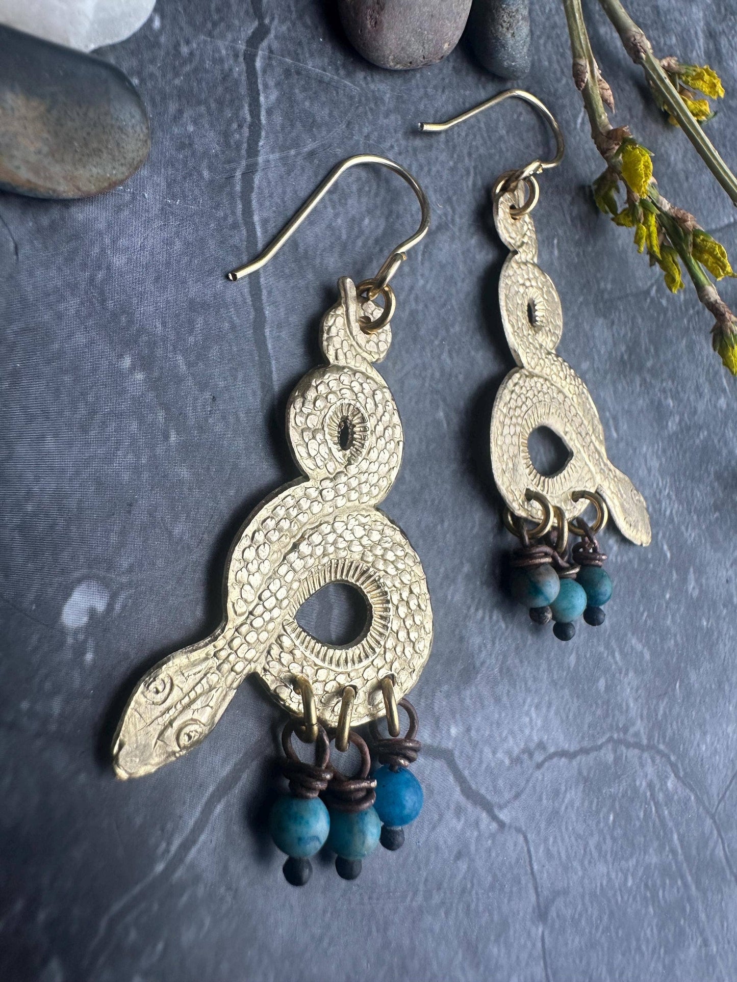 Snake Dangle Earrings - Brass Serpent with Blue Agate Drops