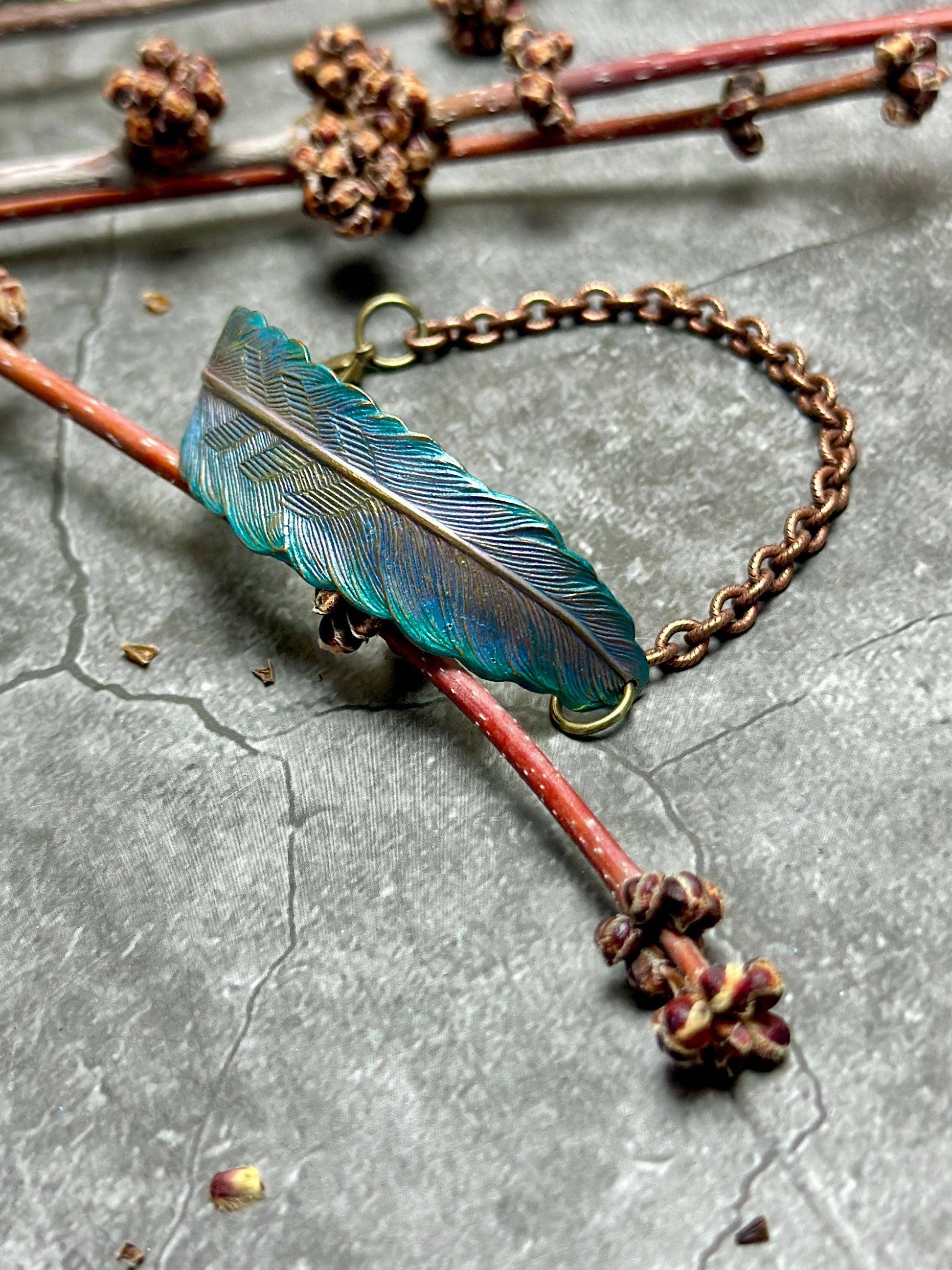 Iridescent Feather Bracelet - Solid Brass & Hand Patina