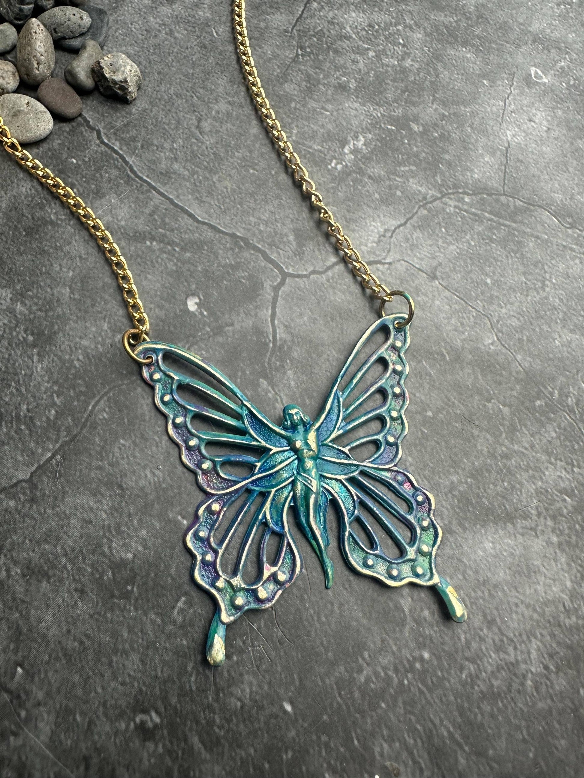 Fairy Butterfly Necklace - Solid Brass with Rainbow Patina