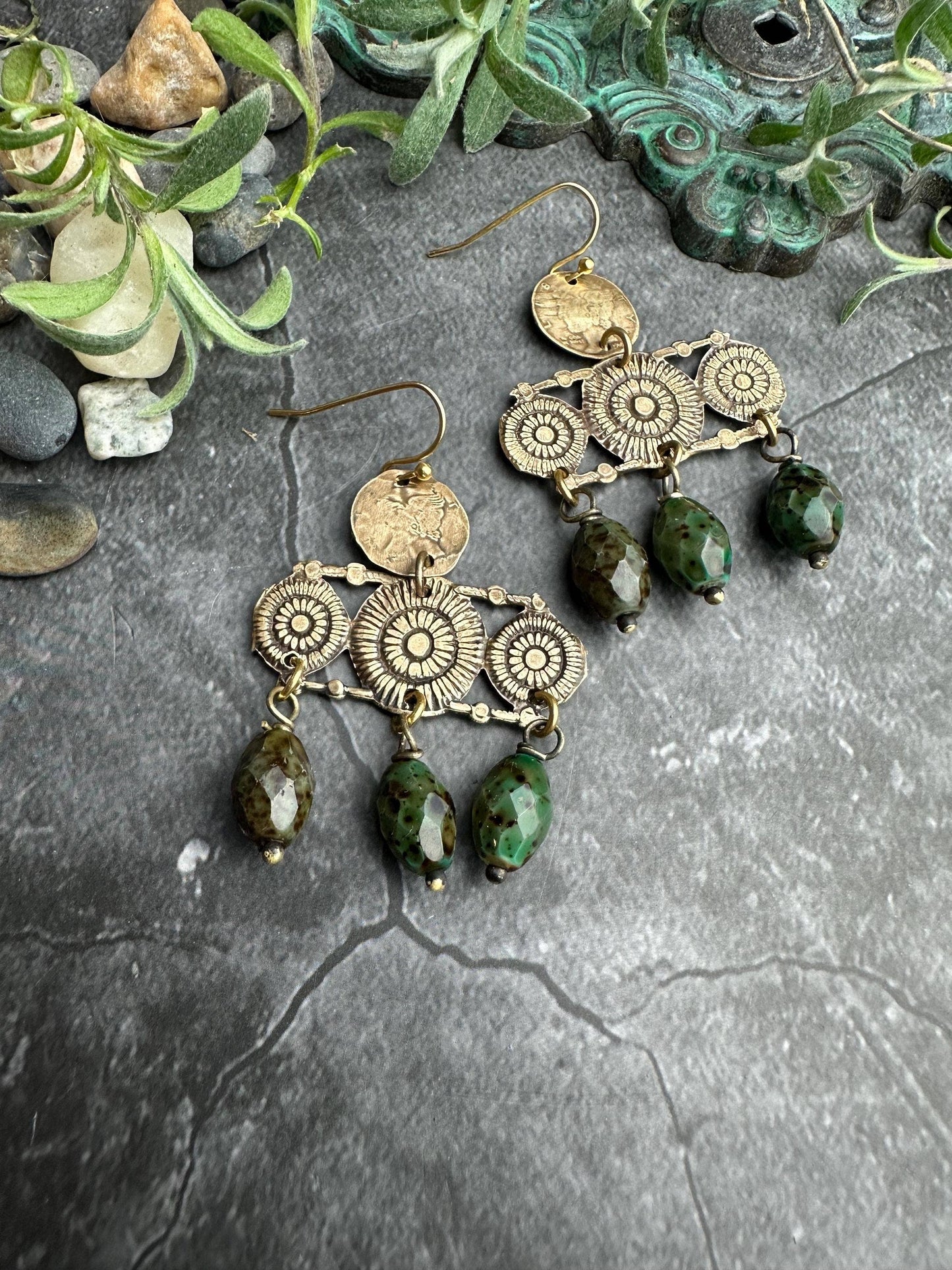 Sunburst Chandelier Earrings with Green Jasper Art Glass