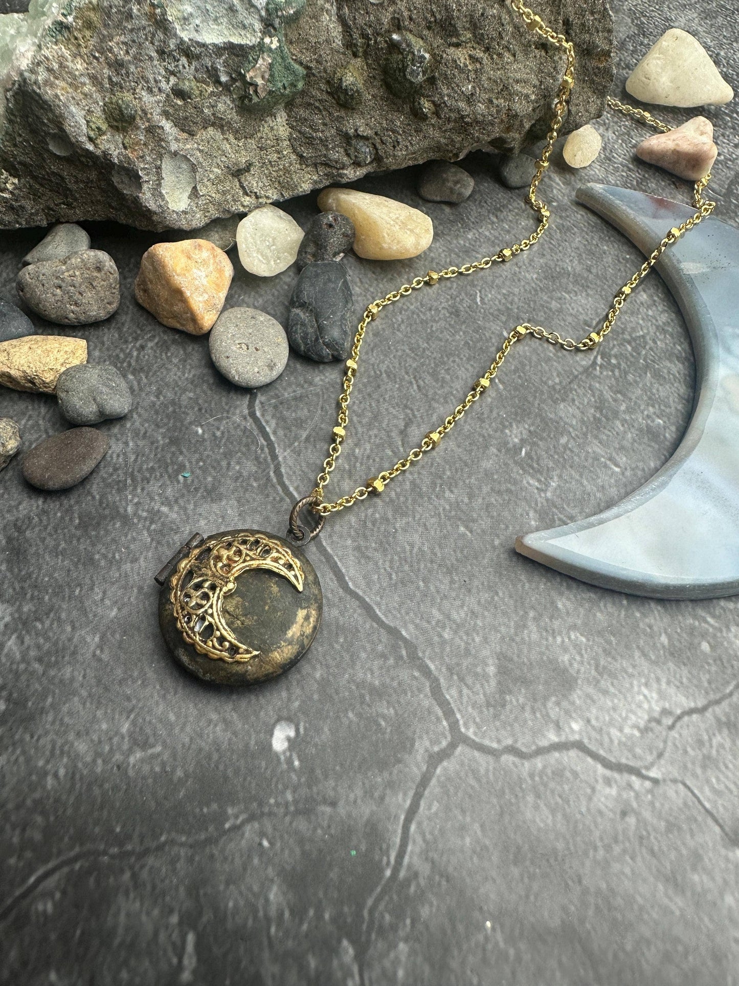 Vintage Brass Crescent Moon Locket Necklace