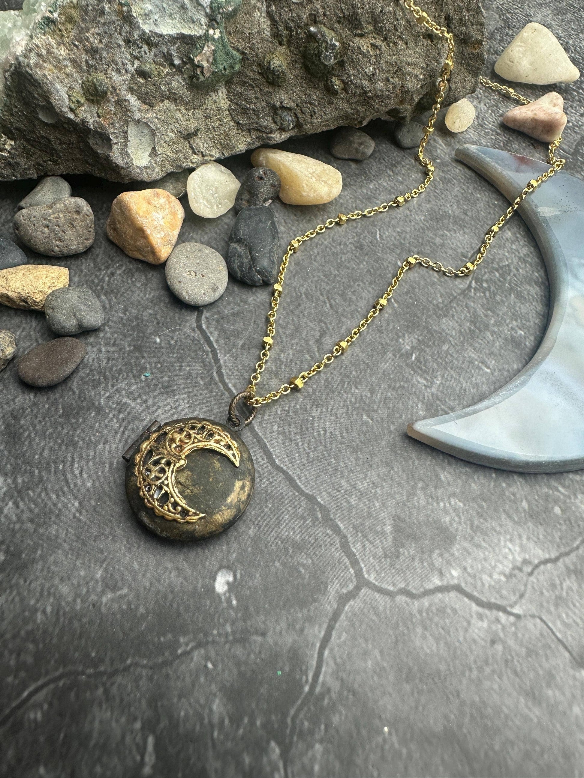 Vintage Brass Crescent Moon Locket Necklace