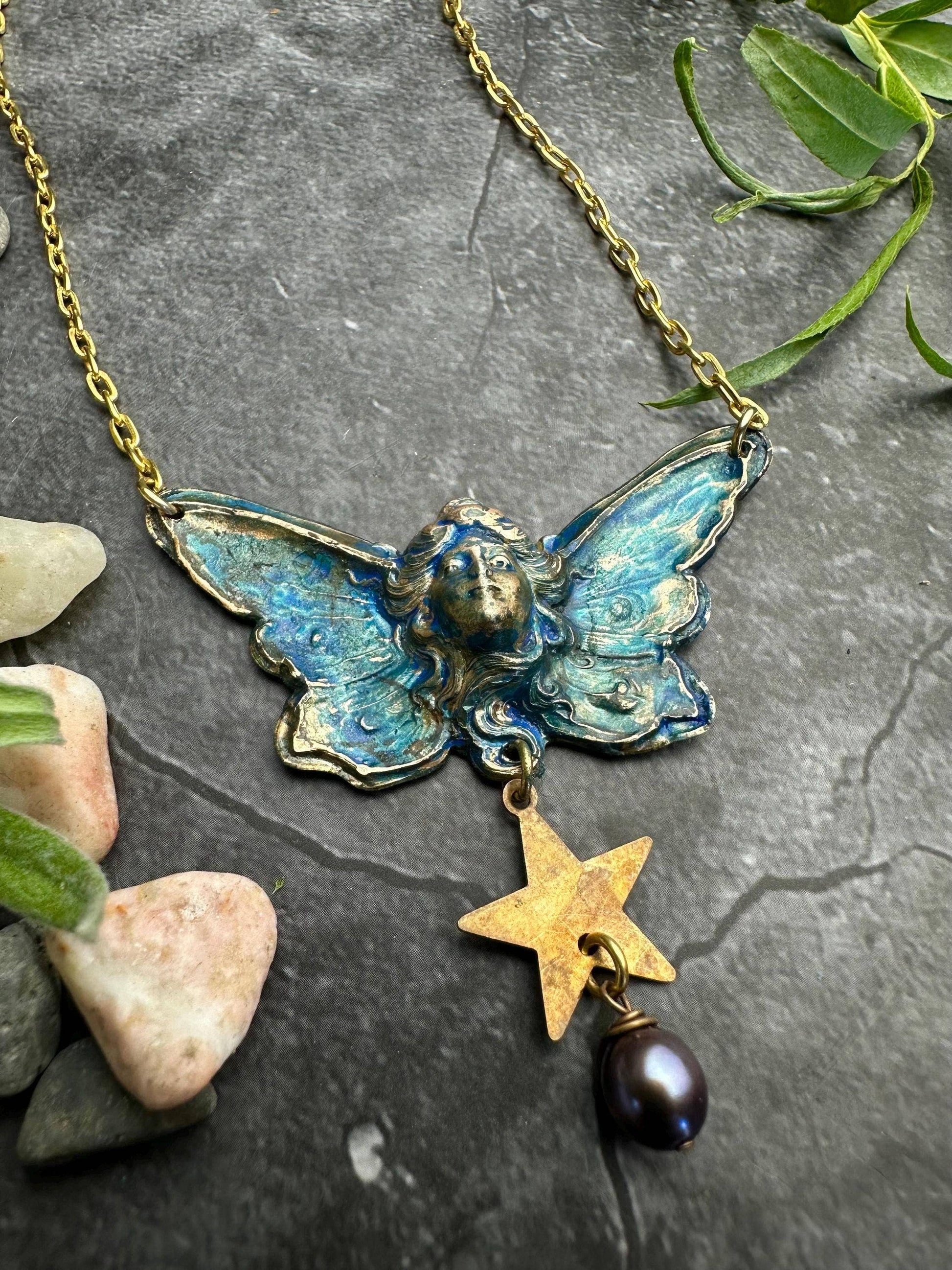Butterfly Goddess Necklace, Art Nouveau Brass Patina Pendant