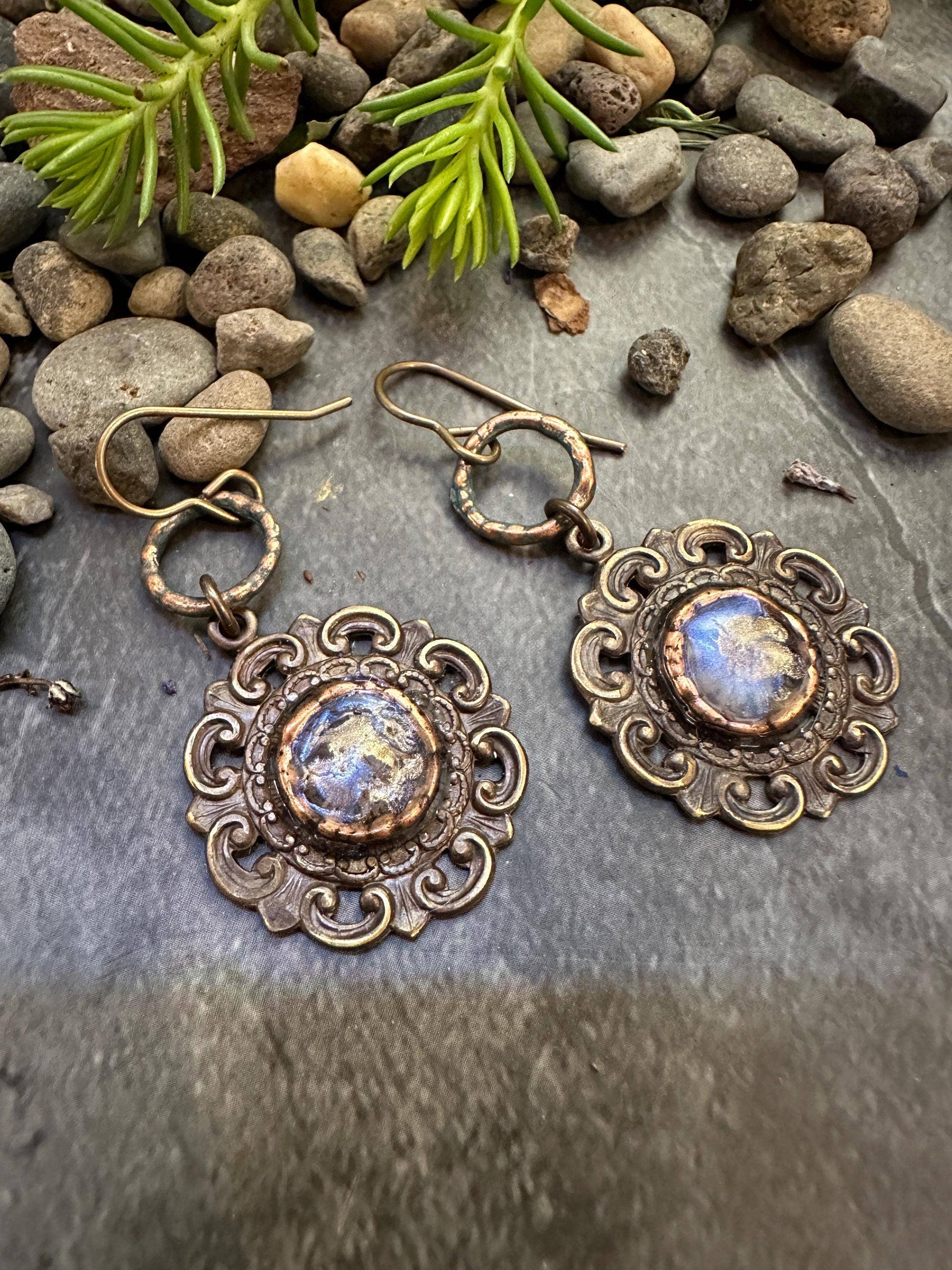 Dewdrop Garden Earrings - Brass with Iridescent Resin Detail