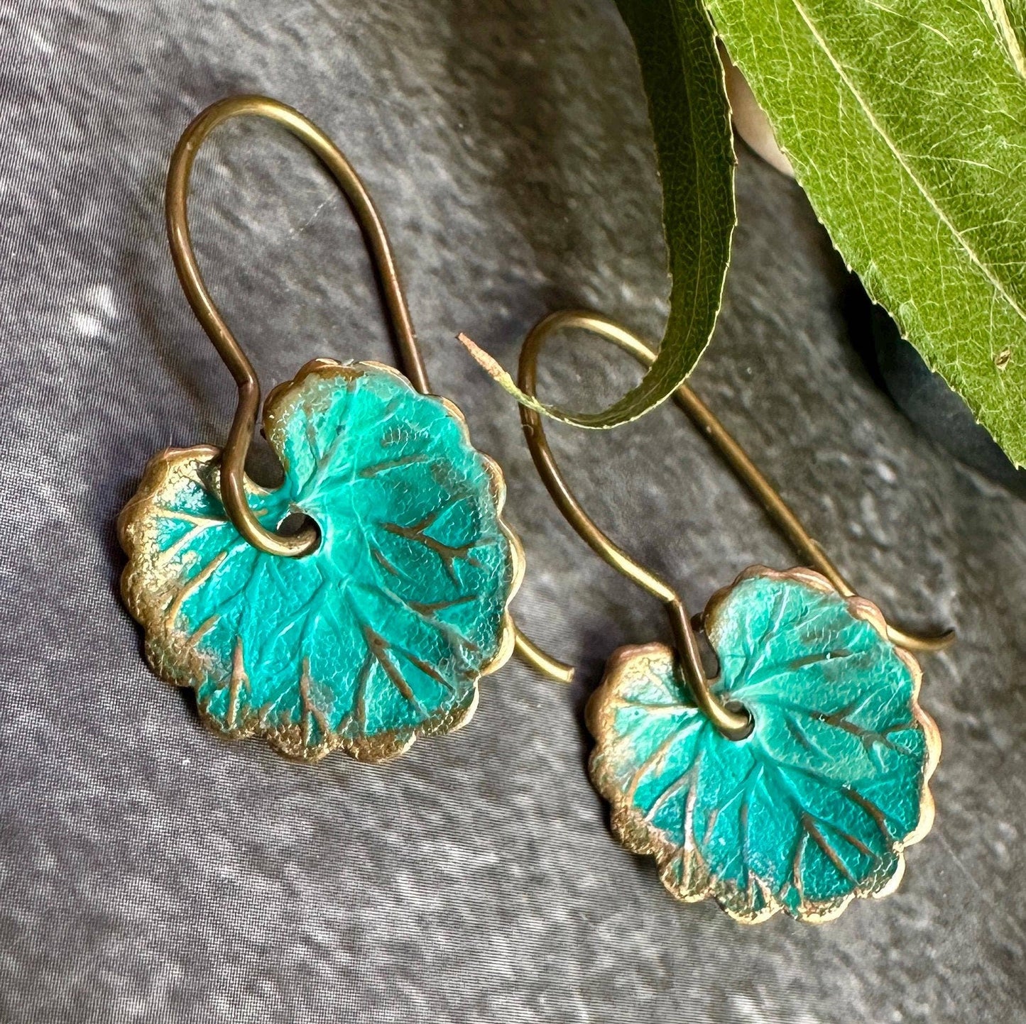 Lily Pad Leaf Earrings - Brass with Tiffany Green Patina