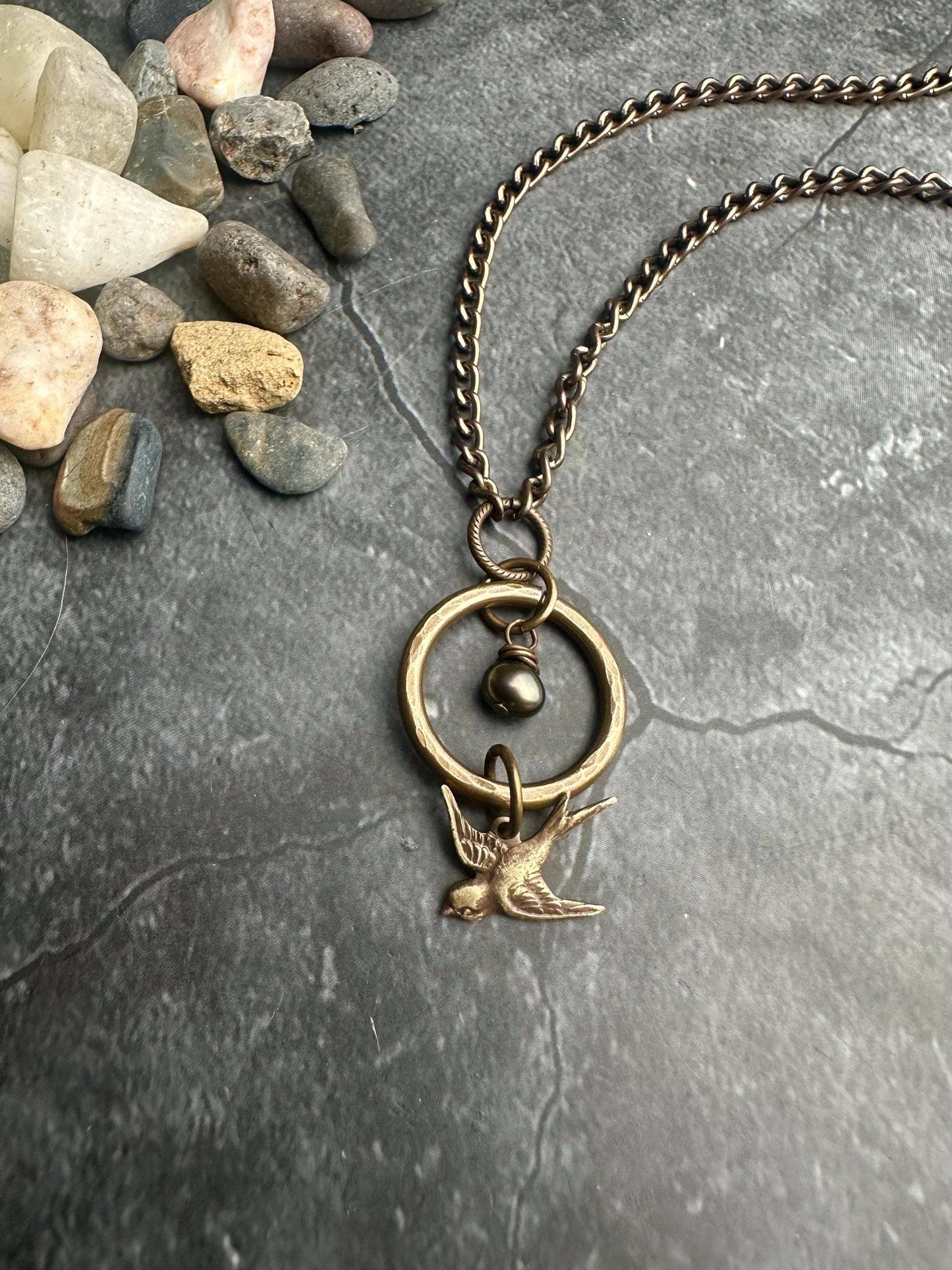 Enchanted Sparrow Pearl Necklace - Hammered Brass and Pearl